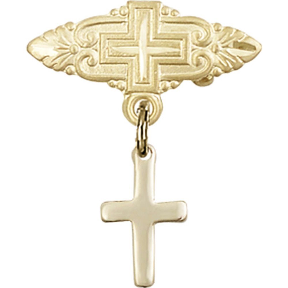 Gold Filled Baby Badge with Cross Charm - 7/8 X 3/4 Inch Religious Pin for Christening, Baptism & First Communion Gifts - Perfect for Newborns & Infants