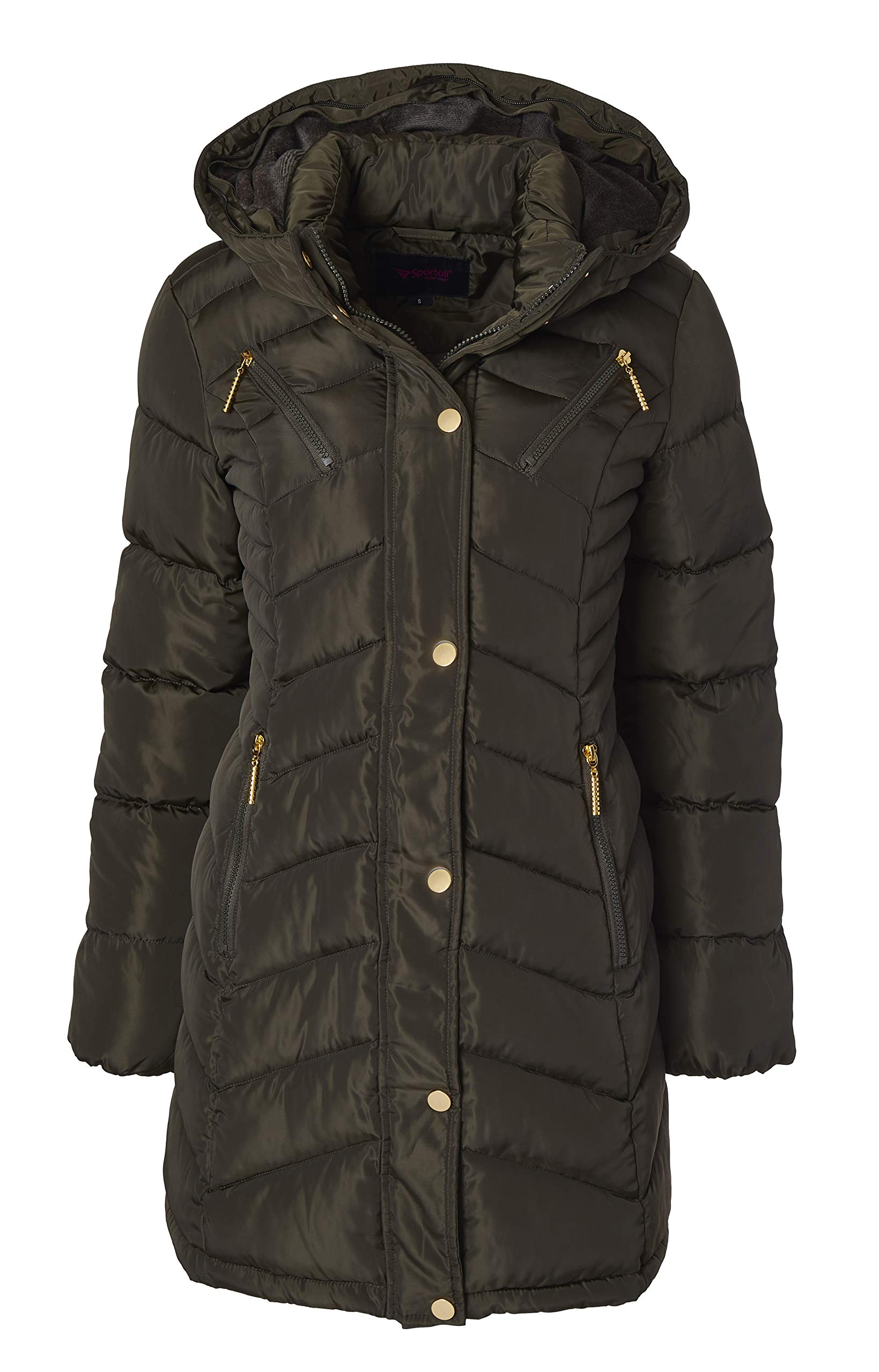 Sportoli Women's Long Quilted Down Alternative Puffer Jacket with Plush Lining & Fur Trim Hood - Warm Winter Coat for Outdoor Activities, Skiing, and Casual Wear