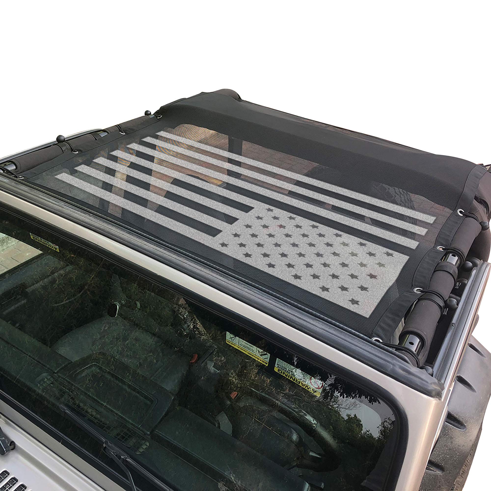 Jeep Wrangler TJ Bikini Top Sunshade Mesh Cover (1997-2006) - UV Protection, Wind & Noise Reduction, USA Flag Design - Perfect for Off-Roading, Beach Trips & Summer Adventures