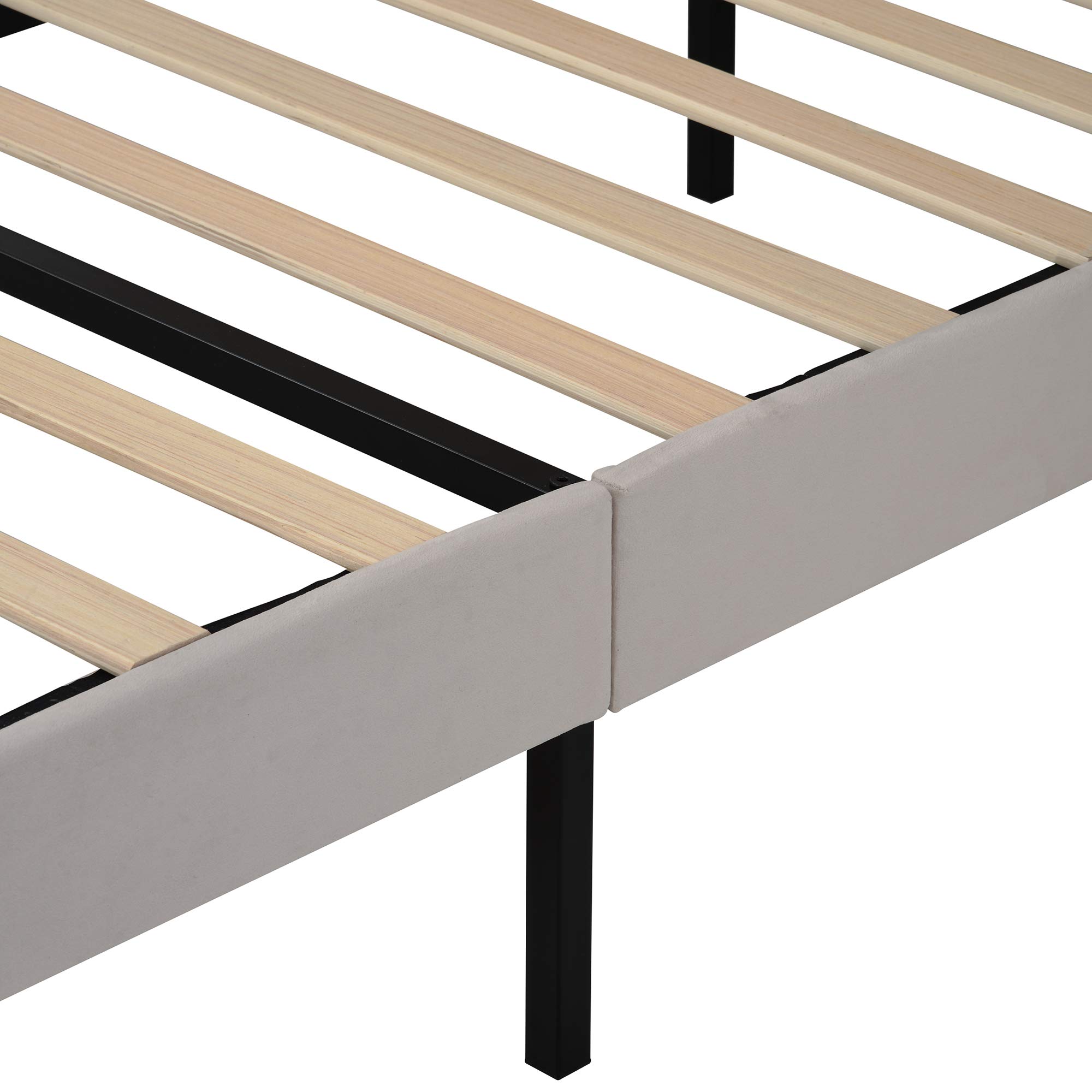 Elegant Queen Platform Bed with Storage - Velvet Headboard & Wood Slats for Bedroom (Beige)