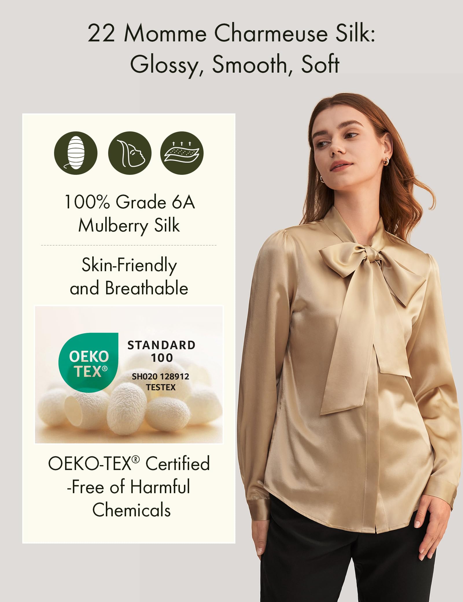 LilySilk Women's Vintage Bow Tie Neck Long Sleeve Silk Blouse - 100% Pure Silk Button Down Shirt for Work, Office & Special Occasions