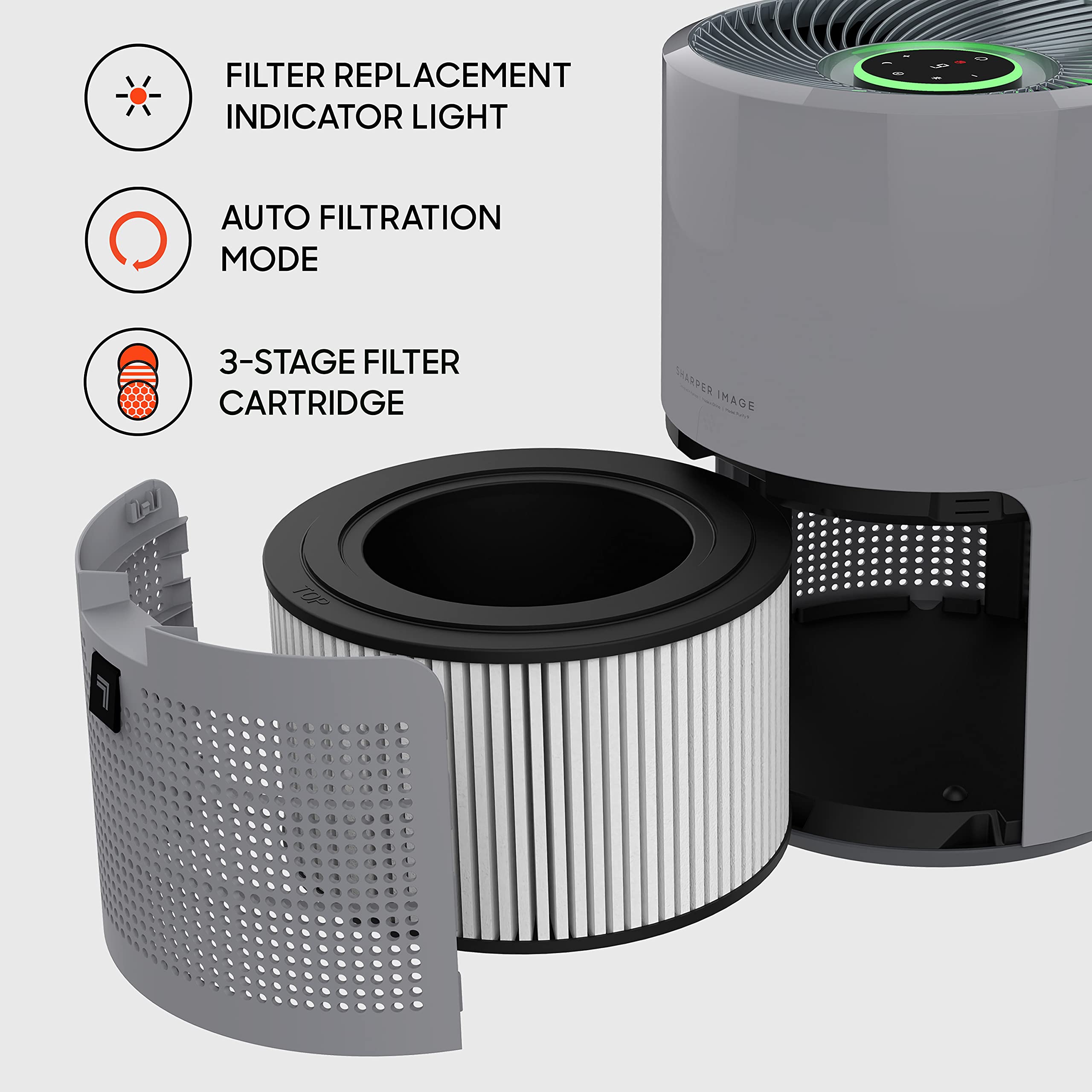 Sharper Image PURIFY 9 Whole Room Air Purifier with True HEPA Filter, Activated Carbon Filter & Air Quality Monitor - Eliminates Allergens, Dust, Pet Dander - Ideal for Home, Bedroom, Office, Nursery and Living Room