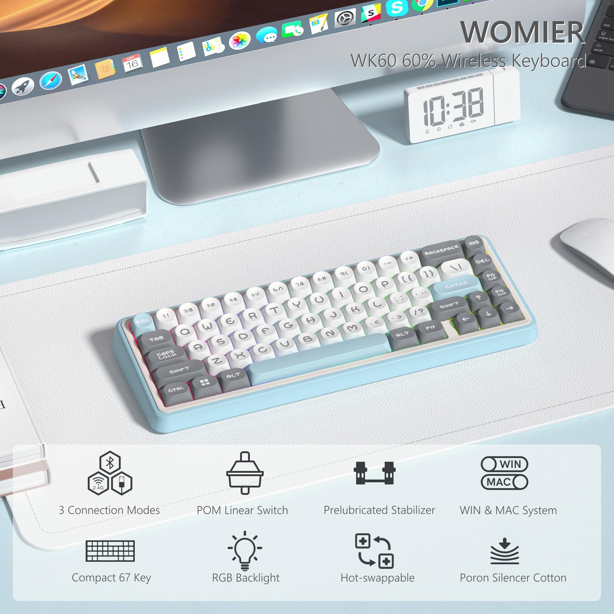 Womier WK60 Wireless Mechanical Gaming Keyboard - Hot Swappable, RGB Backlit, Bluetooth/2.4GHz/USB-C for PC Gaming