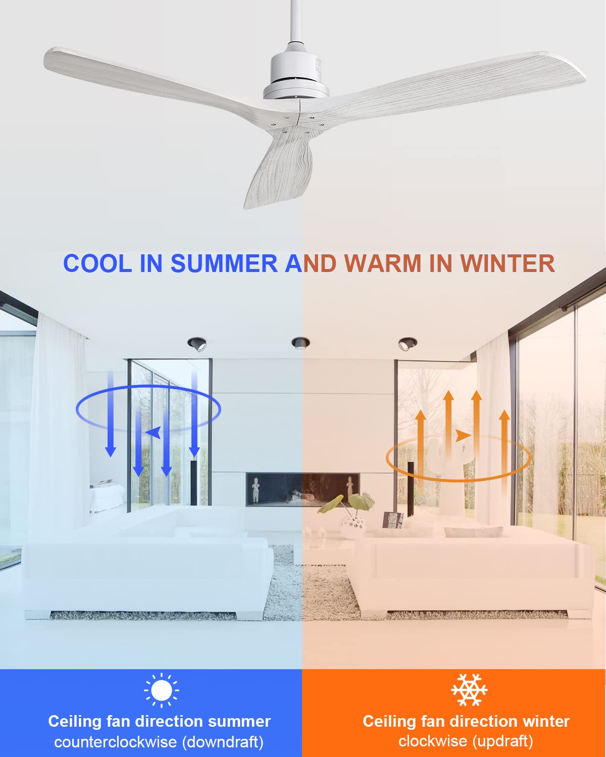 52 Inch Solid Wood Ceiling Fan with Remote Control - No Light Flush Mount Modern Design, 3 Reversible Blades, Quiet DC Motor - Perfect for Indoor/Outdoor Living Room, Bedroom, Patio & Farmhouse Decor
