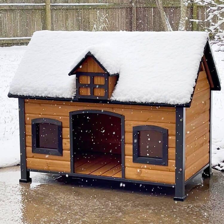 GUTINNEEN Weatherproof Outdoor Dog House with Metal Frame & Wooden Design - Insulated Winter Shelter for Dogs & Cats - Perfect for Backyard, Patio, and Garden Use