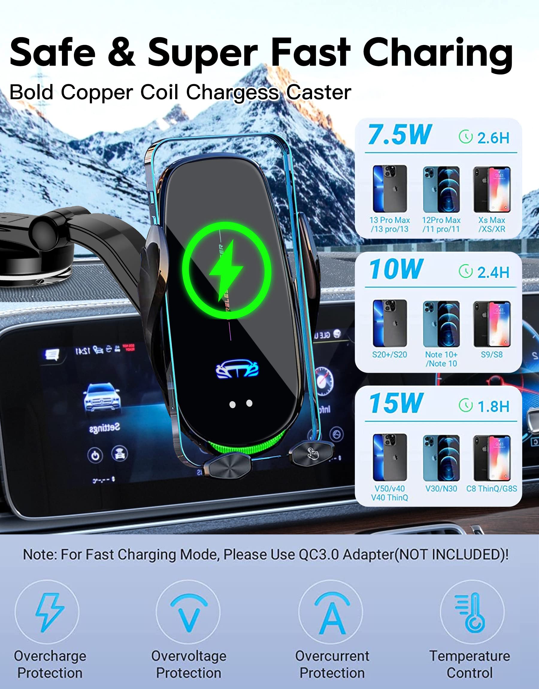 Fast Charging 15W Wireless Car Phone Holder - Auto Clamping Qi-Certified Charger Mount for iPhone 15/14/13/12 & Samsung Galaxy S23/S22 (All Qi-Enabled Phones) | Perfect for Road Trips & Commuting