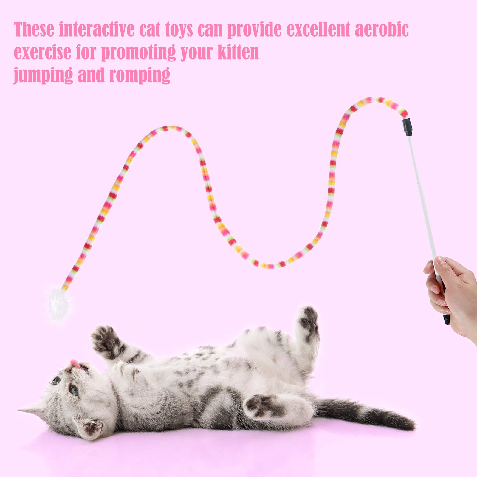 6-Piece Interactive Cat Wand Toys with Feather & Bell - Safe Teaser Catcher Stick for Kittens & Adult Cats - Colorful Sounding Training & Exercise Toys for Indoor Play & Christmas Gifts
