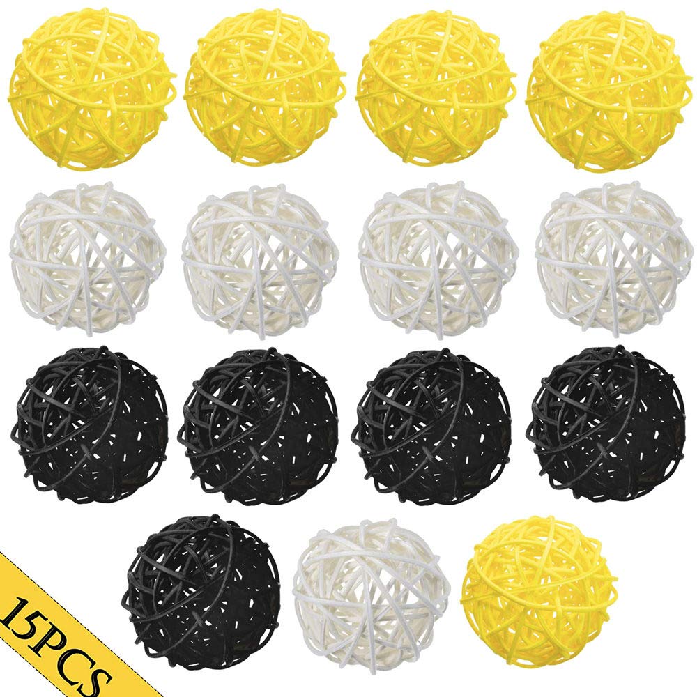 15 Pack Rattan Wicker Balls Decoration - Natural White Yellow Black Woven Balls for Bee Themed Party, Baby Shower, Birthday, Wedding Table Decor (2 Inch) - Perfect for Honeycomb Centerpieces, Bumblebee Nursery Decor, and Rustic Wedding Accents