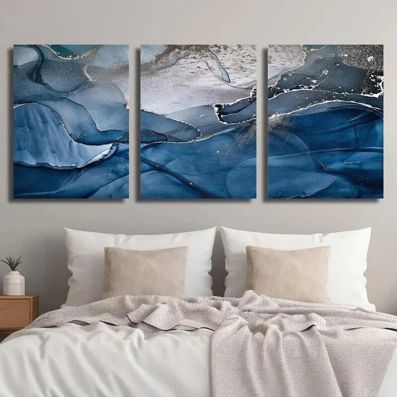 3-Piece Abstract Blue and Gold Marble Texture Wall Art Set - Framed Canvas 40x60cm (16x24in) - High Quality Print - 100% Australian Made - Ready to Hang - Perfect for Living Room, Bedroom & Office Decor