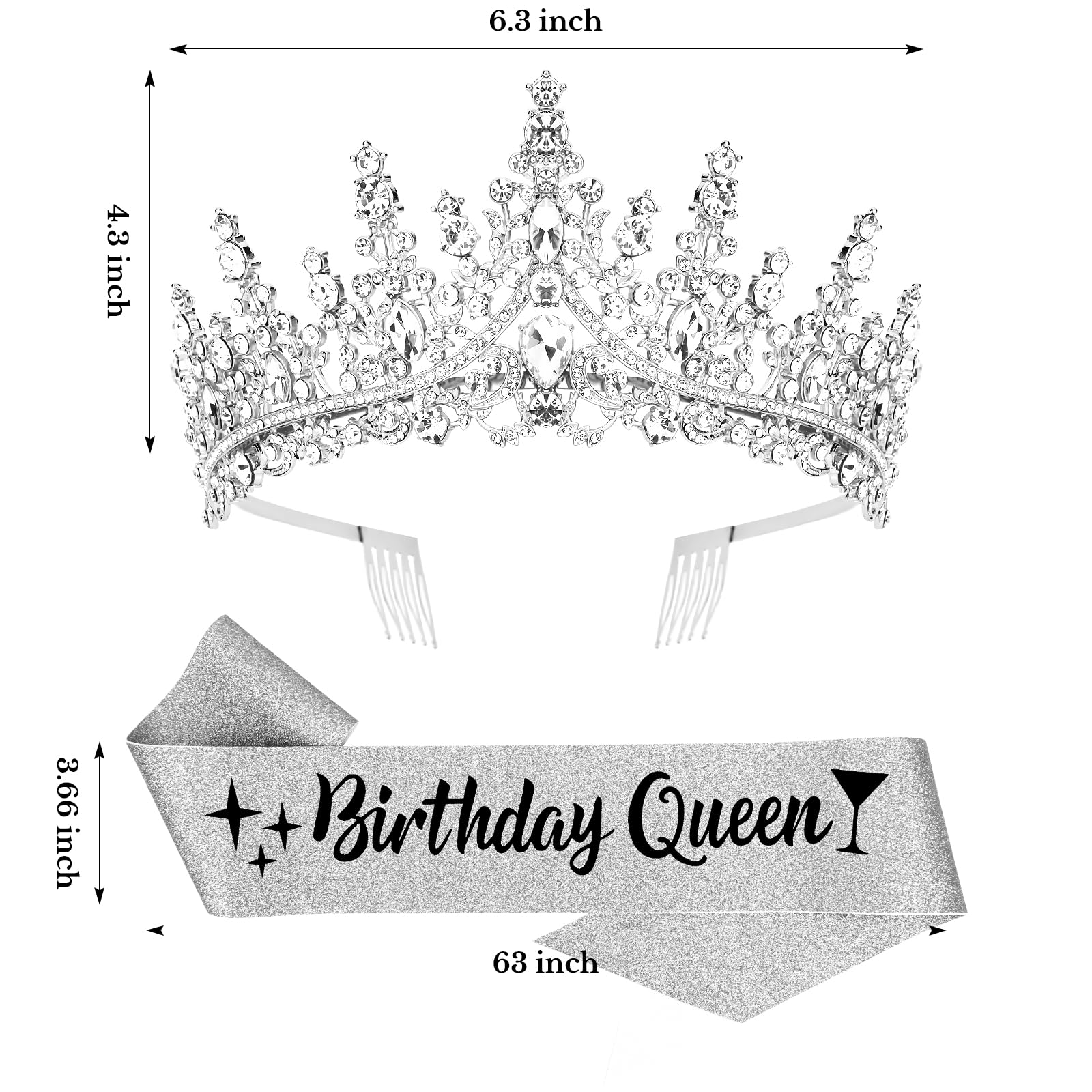 Elegant Silver Birthday Queen Sash & Crystal Crown Set for Women & Girls - Perfect for Princess Parties, Adult Birthdays & Special Celebrations - Ideal Birthday Gift & Party Decoration