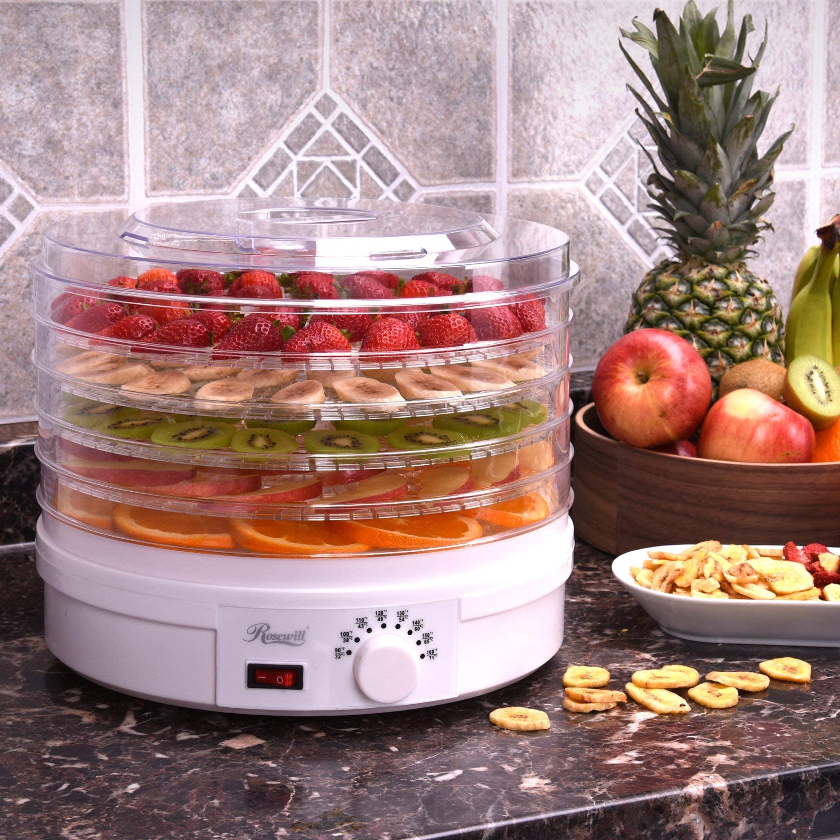 Rosewill 5-Tray Food Dehydrator Machine - Electric Fruit & Vegetable Dryer with Adjustable Thermostat, BPA-Free, Portable Design (Clear/White) - Perfect for Making Healthy Snacks, Jerky, Herbs & Dried Fruits at Home