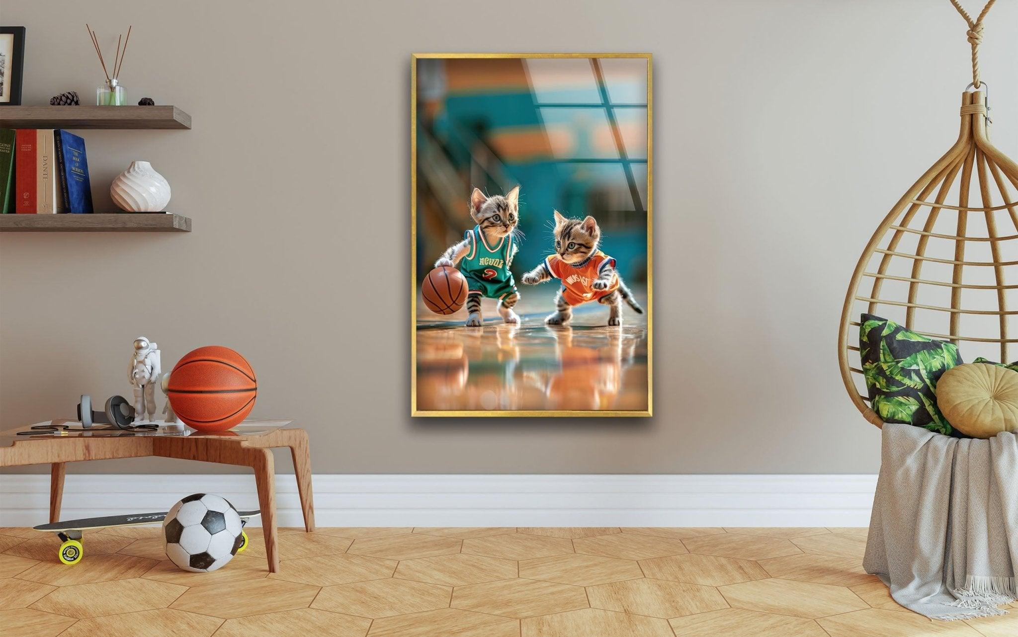 Basketball Player Cats Glass Wall Art - Unique Sports Decor for Cat Lovers - Perfect for Living Room, Bedroom, or Game Room Decorations