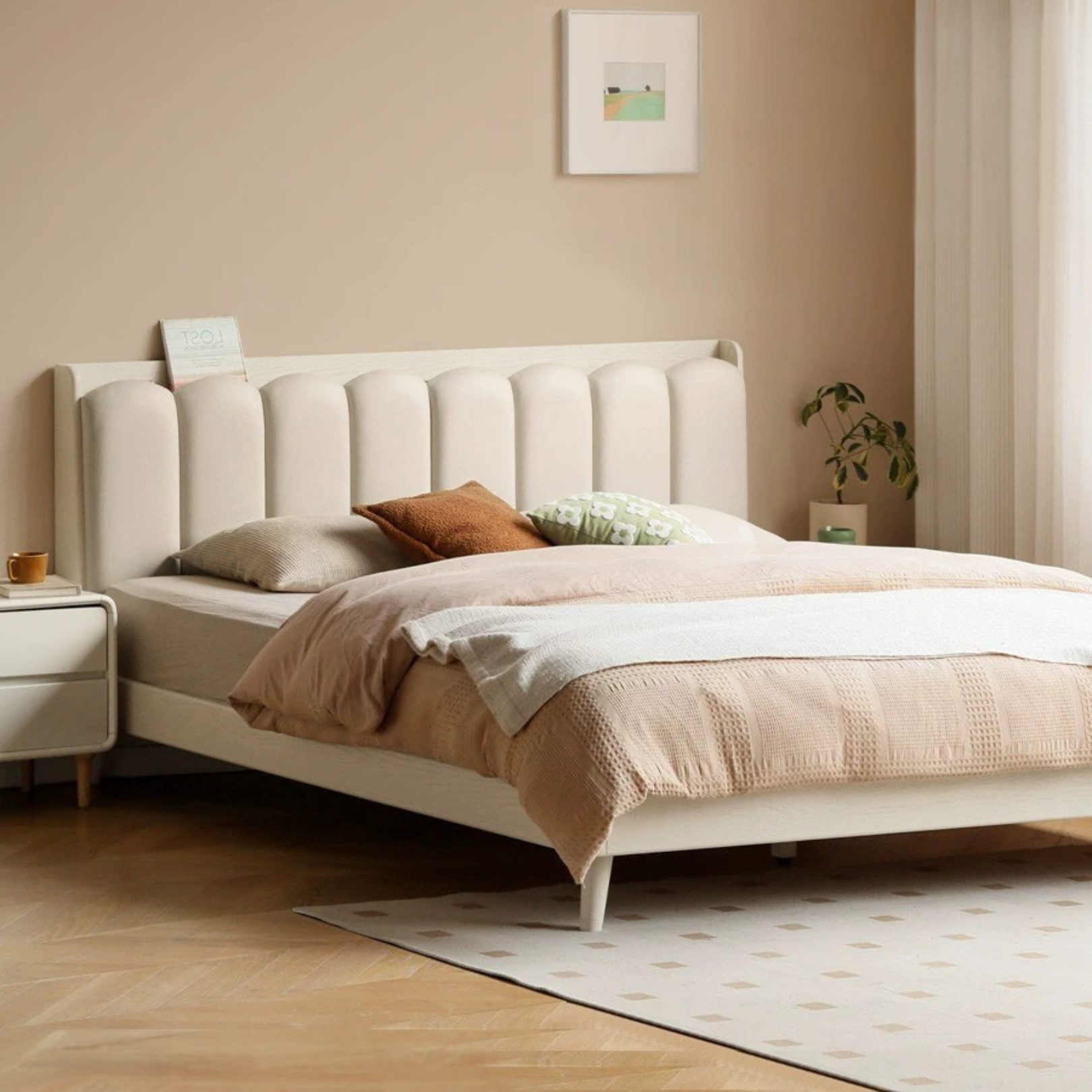 Solid Oak Wood Piano Key Bed Frame - Cream Finish - Elegant and Durable Bedroom Furniture for Classic and Modern Decor Styles