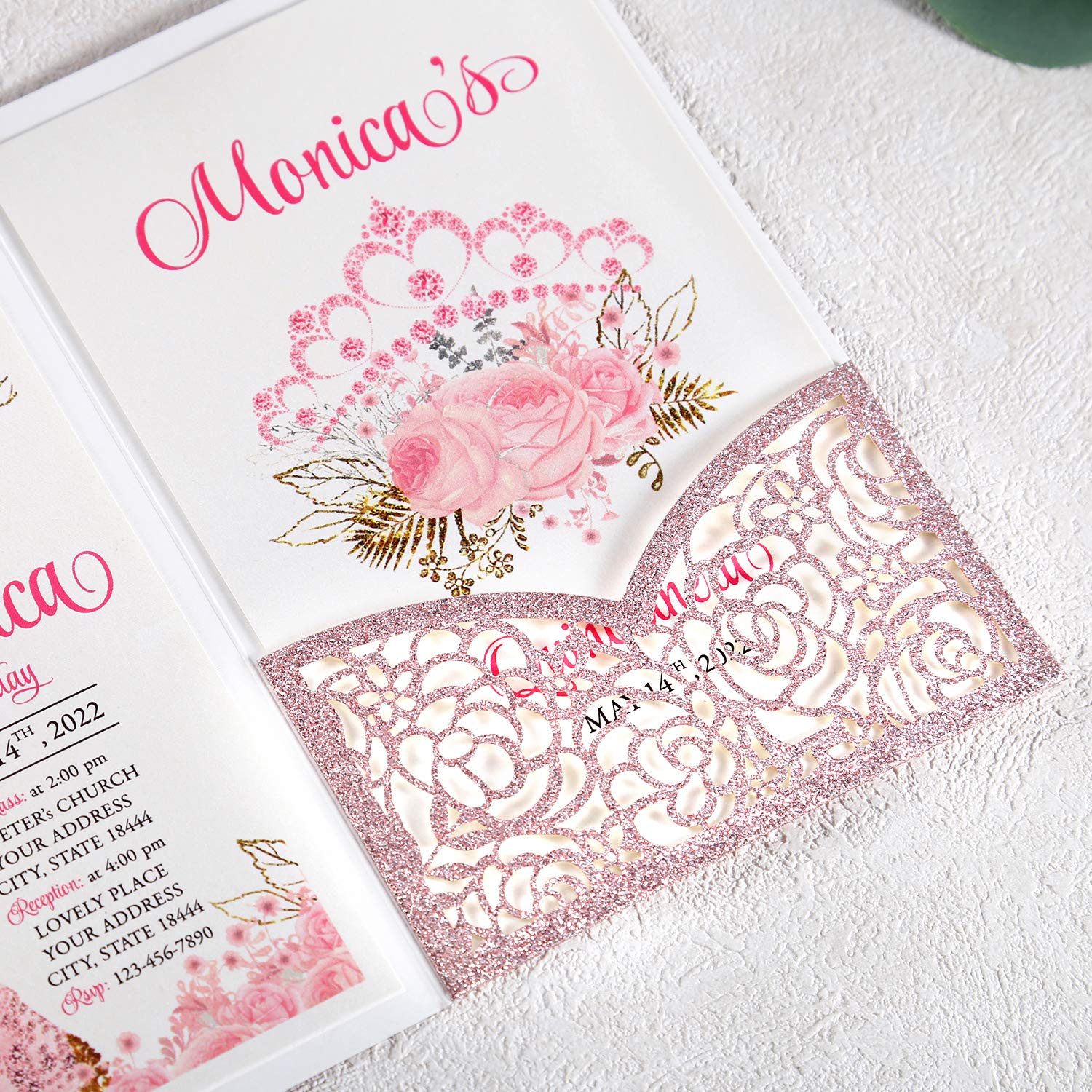 4.7x7 Inch 50PCS Personalized Rose Gold Glitter Quinceanera Invitations Kit - Laser Cut Hollow Rose Design with Envelopes - Perfect for Sweet 15, Quinceañera Celebrations & Birthday Party Invitations
