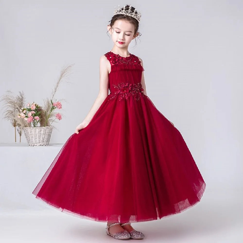 Elegant Red Tulle Flower Girl Dress with Floral Appliques - Perfect for Weddings, Parties & First Communion Ceremonies