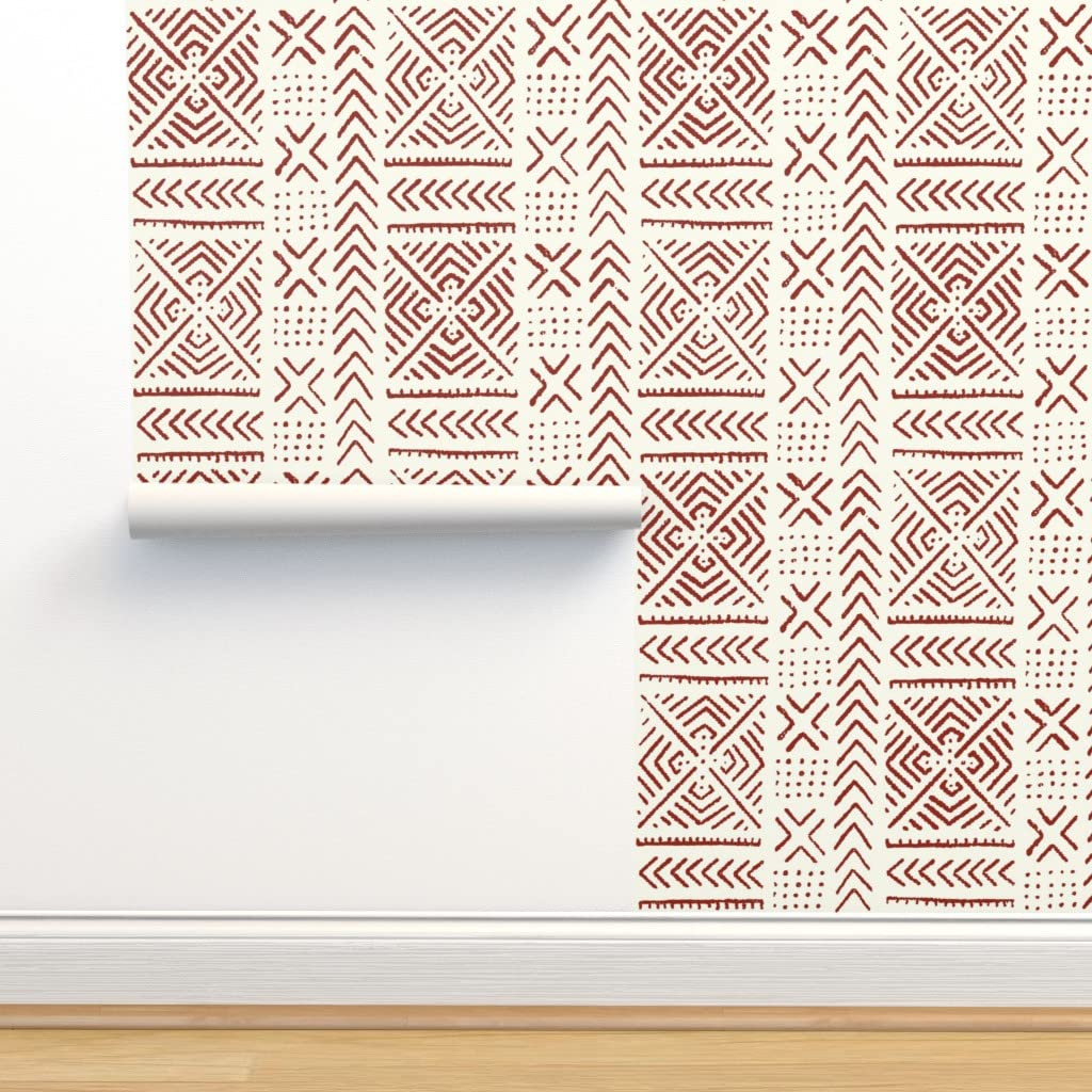 Removable Wallpaper Swatch - African Mud Cloth Design in Maroon & Ivory | Large Pre-Pasted Peel & Stick Wallpaper by Spoonflower | Perfect for Boho Home Decor, Accent Walls & Nursery Design