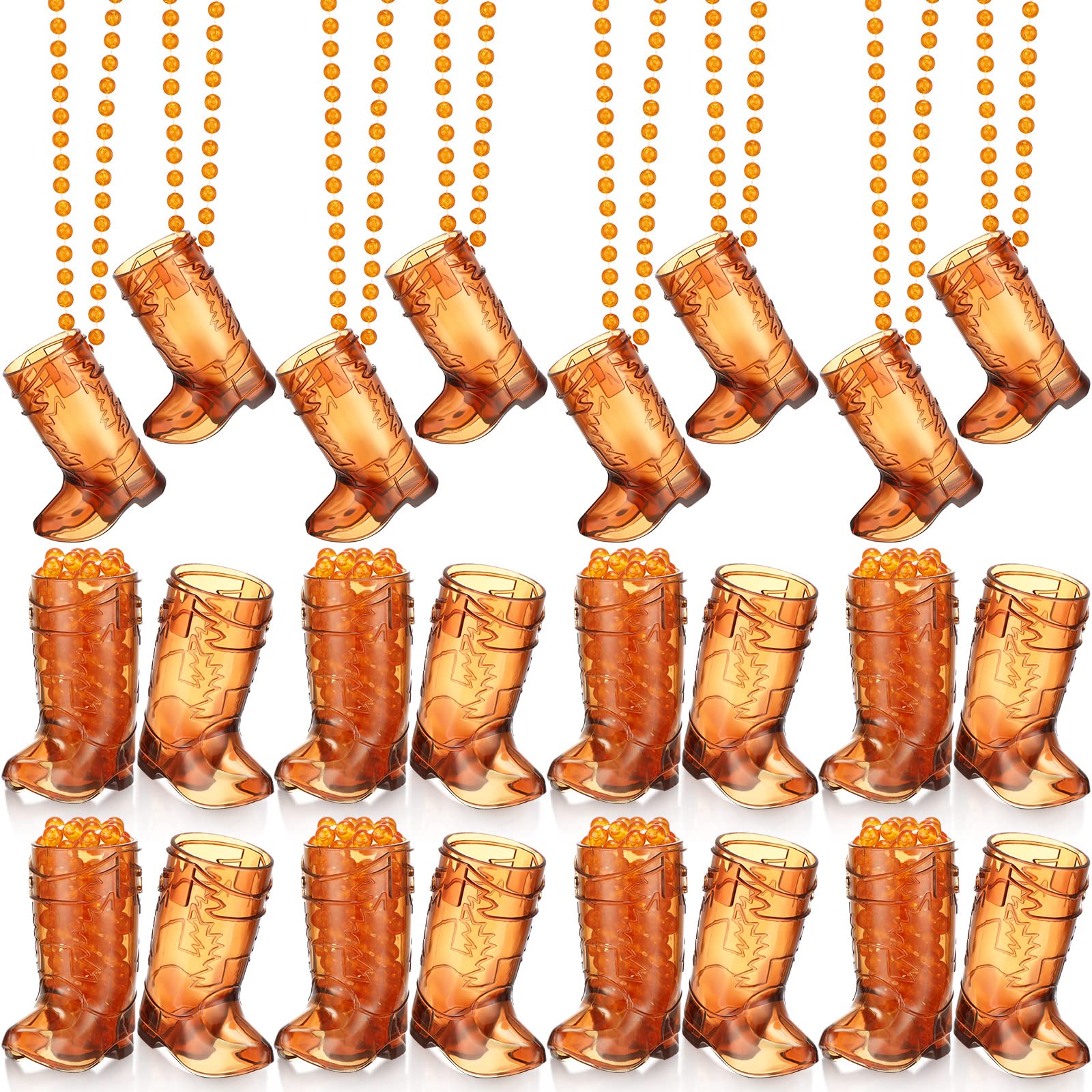 24 Pcs Cowgirl Shot Glass Necklace - Plastic Beaded Shot Glasses for Bachelorette Party, Carnival, Wedding & Birthday Supplies - Bride & Groom Accessories (Transparent Brown) - Perfect for Western Themed Parties, Bridal Showers & Country Events