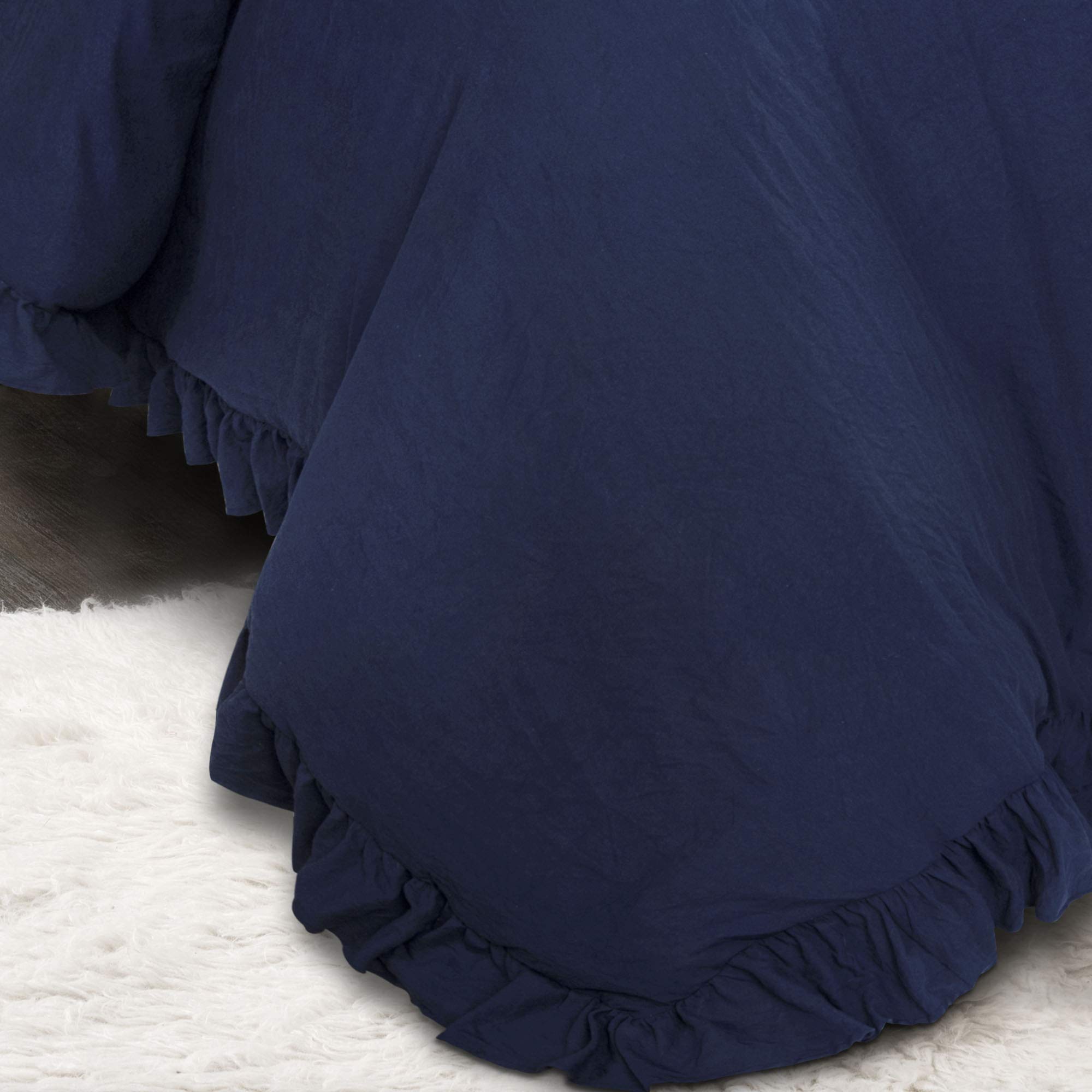Lush Decor Reyna 3-Piece Ruffle Comforter Set - Full/Queen Navy Blue Ruffled Bedding for Cozy Comfort & Timeless Elegance - Perfect for Dorm Rooms, Guest Bedrooms & Master Suites