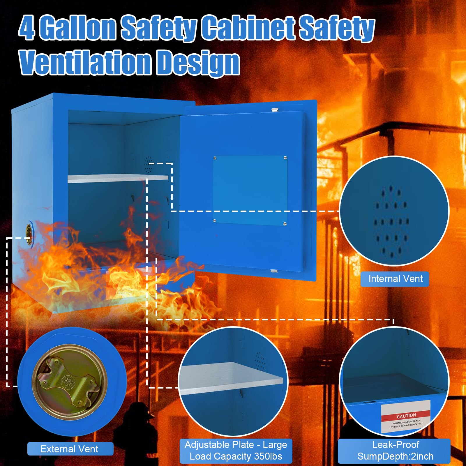 4 Gallon Hazardous Material Storage Cabinet - Fireproof & Explosion Proof Safety Cabinet for Gasoline, Chemicals | Commercial, Industrial & Home Use | Garage, Workshop, Laboratory Safety Storage (Blue)