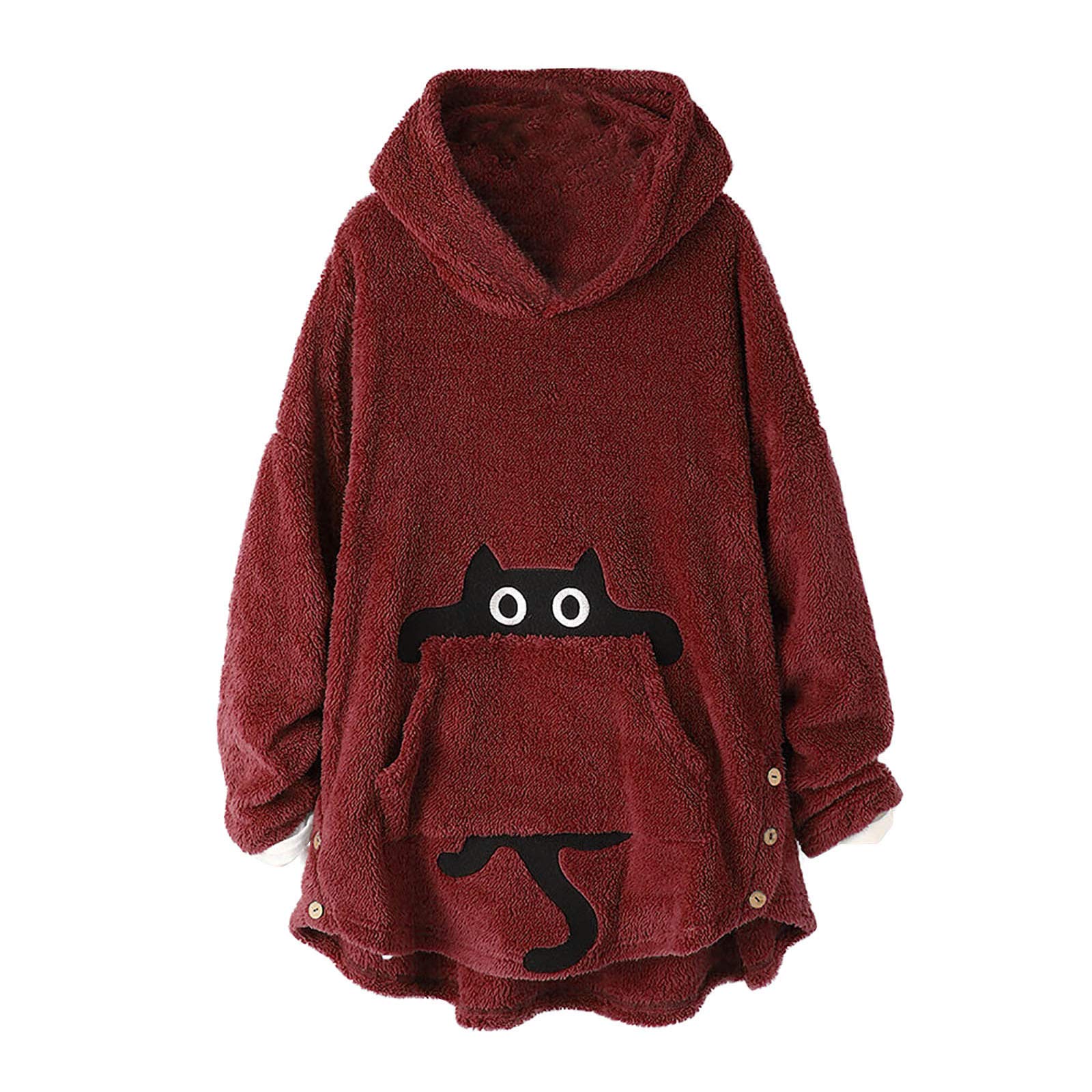 Women's Plus Size Thick Plush Button Hooded Pullover Sweater - Loose Casual Blouse in Gray | Cozy Winter Wear for Everyday Outfits & Layering