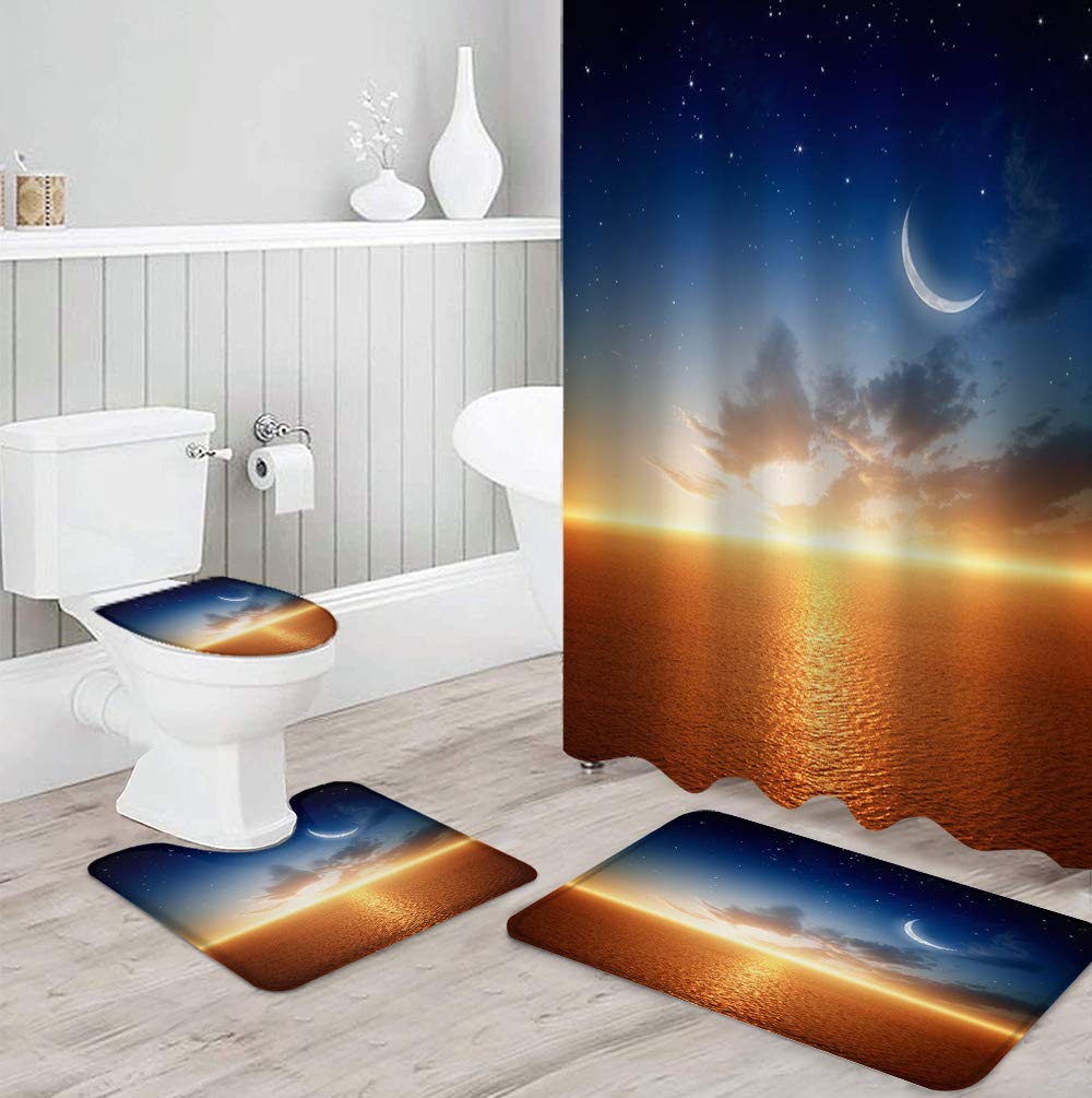 4-Piece Modern Bathroom Set - Sunset Sky, Moon, Sea & Stars Waterproof Shower Curtain (36x72 Inch) with Non-Slip Bath Mat & Toilet Lid Cover | Perfect for Coastal, Boho or Celestial Themed Bathrooms