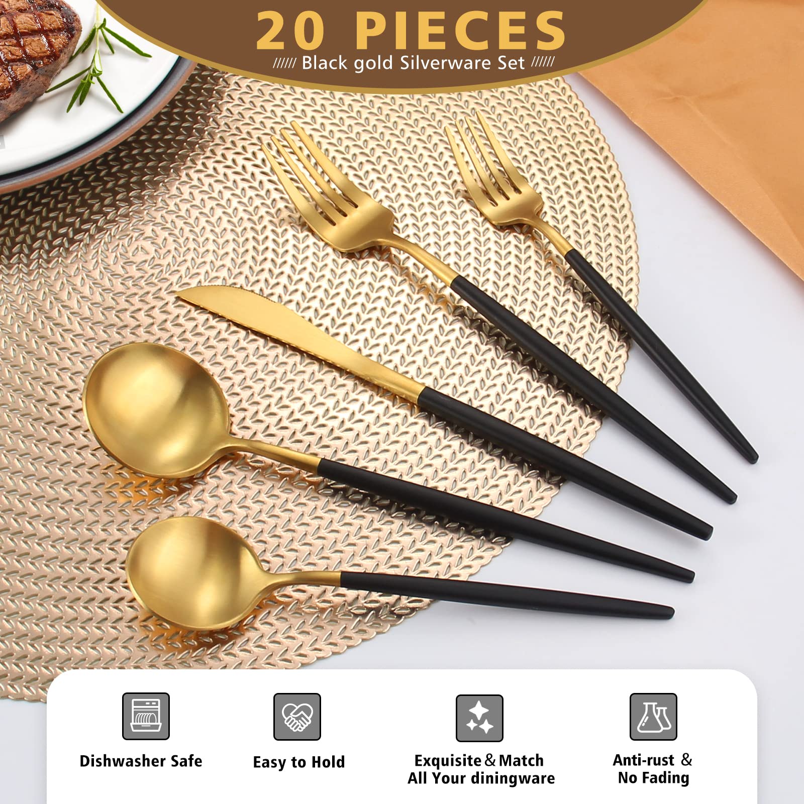 Oliviola 20-Piece Matte Black Gold Silverware Set - Stainless Steel Flatware Cutlery Set for 4 - Satin Finish Kitchen Utensils (Dishwasher Safe) - Perfect for Dinner Parties, Weddings & Everyday Dining