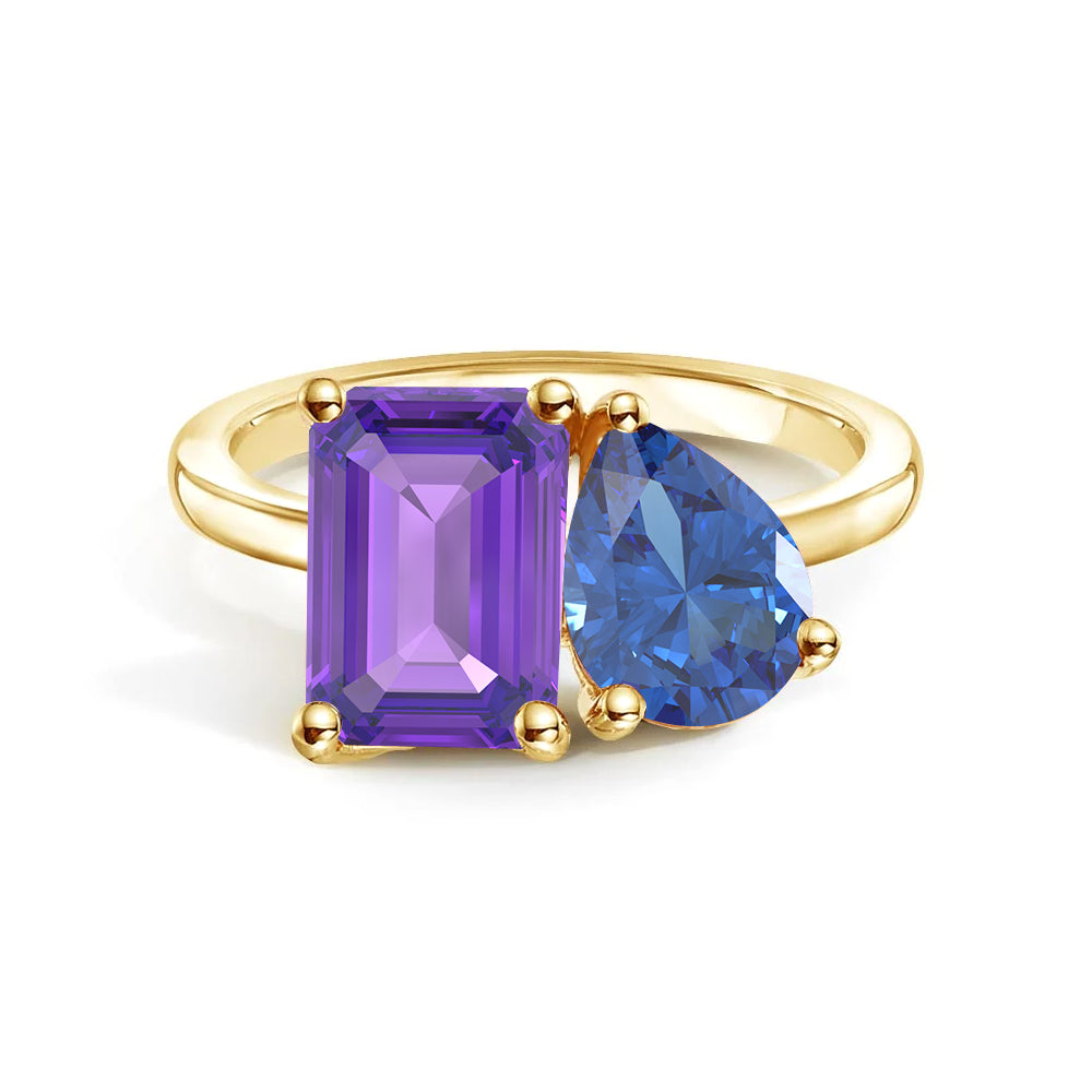 Personalized Toi et Moi Amethyst Birthstone Ring - Custom Anniversary Jewelry for Couples, Gift for Her, Romantic Proposal & Wedding Band
