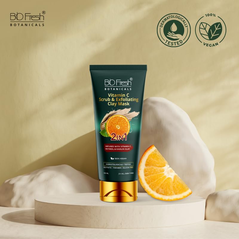 BioFresh Botanicals Vitamin C Exfoliating Clay Mask - Paraben & Sulfate Free for All Skin Types | Brightening & Detoxifying Facial Treatment for Glowing Skin