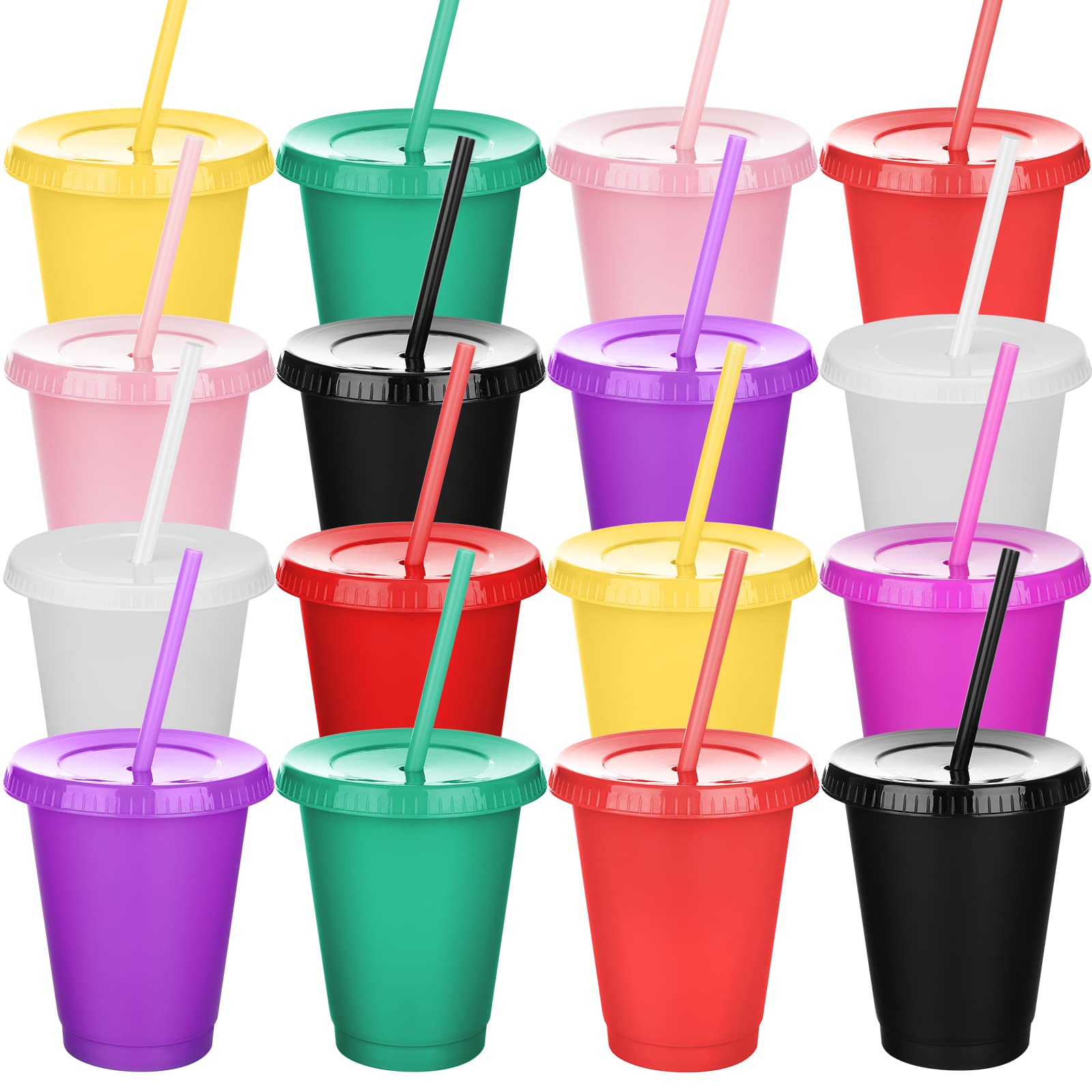 16oz Reusable Plastic Tumbler Cups with Lids & Straws - BPA-Free Kids Water Bottle, Iced Coffee Travel Mug for Adults - 15 Pack Colorful Party Cups (Great for School, Picnics, Office & Outdoor Activities)