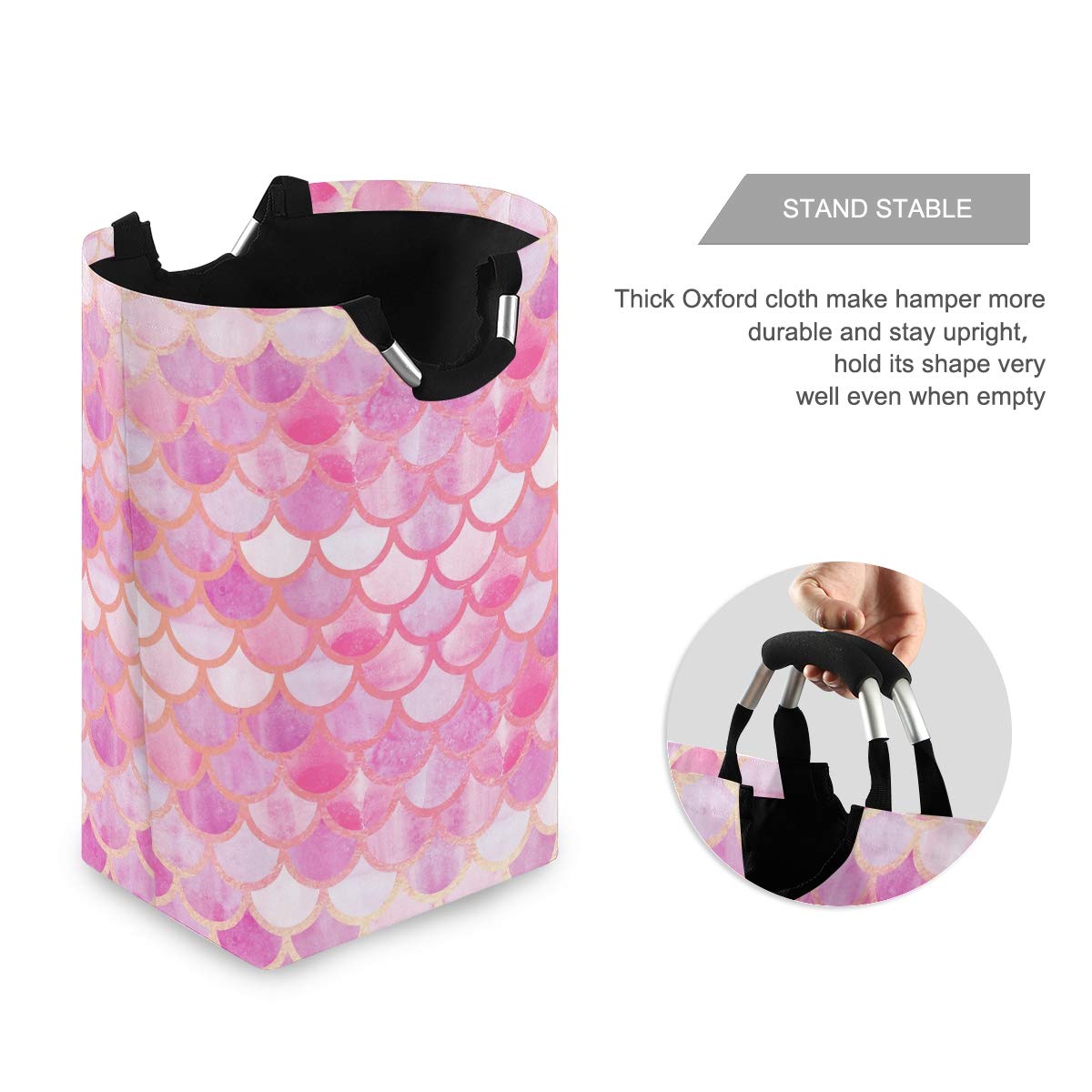 Blueangle Large Pink Mermaid Scales Laundry Basket - Collapsible Oxford Fabric Clothes Hamper with Handles, Foldable Storage Organizer for Bedroom, Bathroom, Laundry Room & Dorm