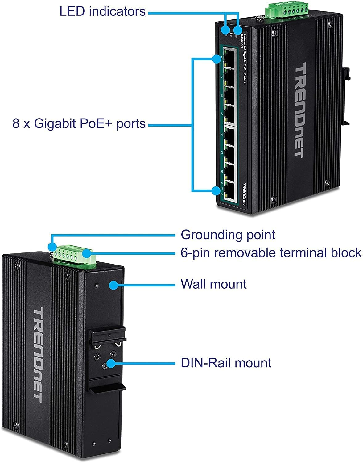 TRENDnet TI-PG80B 8-Port Industrial Gigabit PoE+ DIN-Rail Switch (24-56V) - Reliable Network Solution for Factory Automation, Security Cameras & IoT Devices