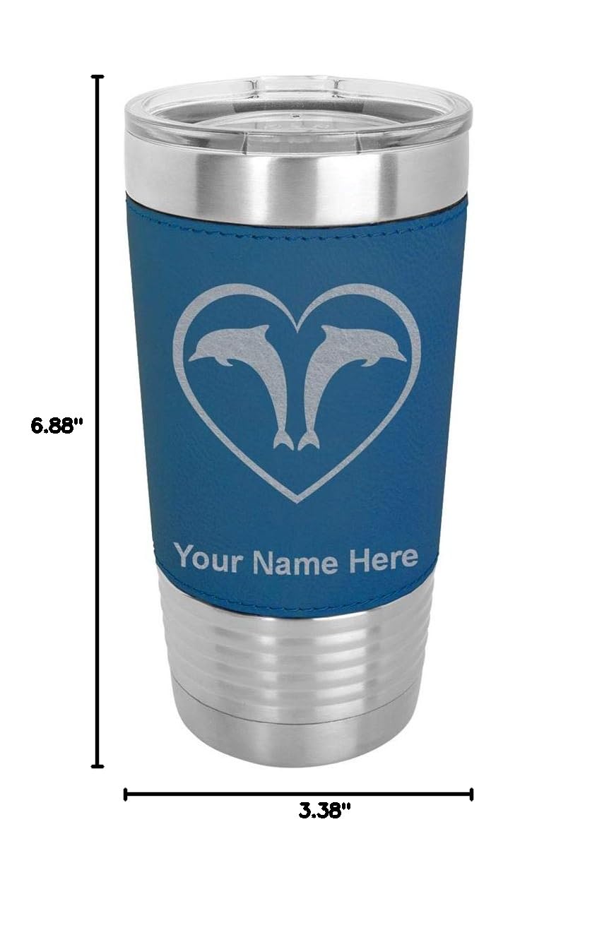 LaserGram 20oz Vacuum Insulated Stainless Steel Tumbler with Lid - Personalized Engraved Dolphin Heart Design, Leakproof & Sweatproof (Faux Leather Handle, Blue) - Perfect for Coffee, Tea, Cold Drinks at Home, Office or Travel