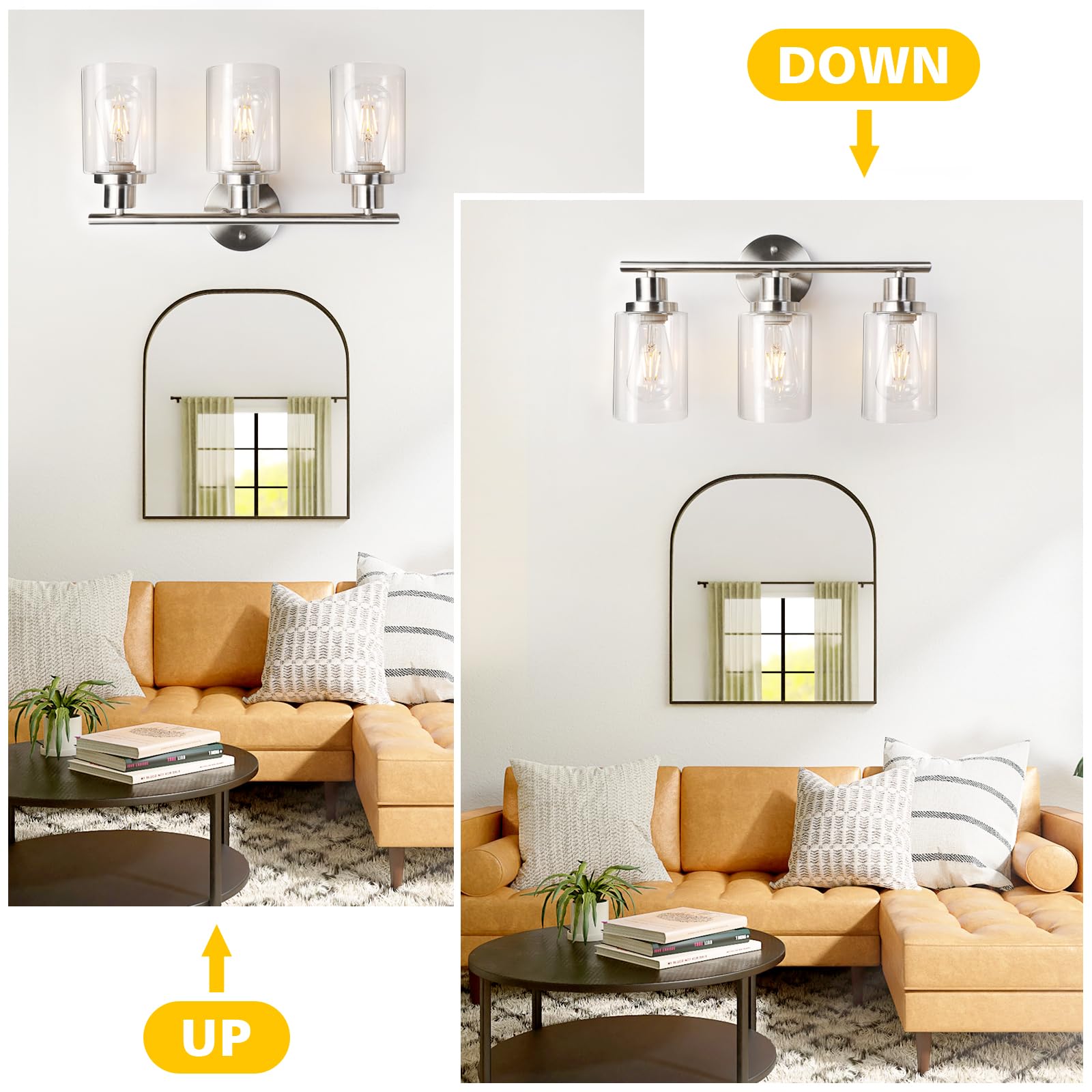 Unicozin 3 Light Brushed Nickel Vanity Wall Sconce with Clear Glass Shade - E26 Base Bathroom Mirror Light Fixture for Living Room, Bedroom & Hallway - Perfect for Makeup Vanity, Dressing Room & Home Decor (Bulbs Not Included)