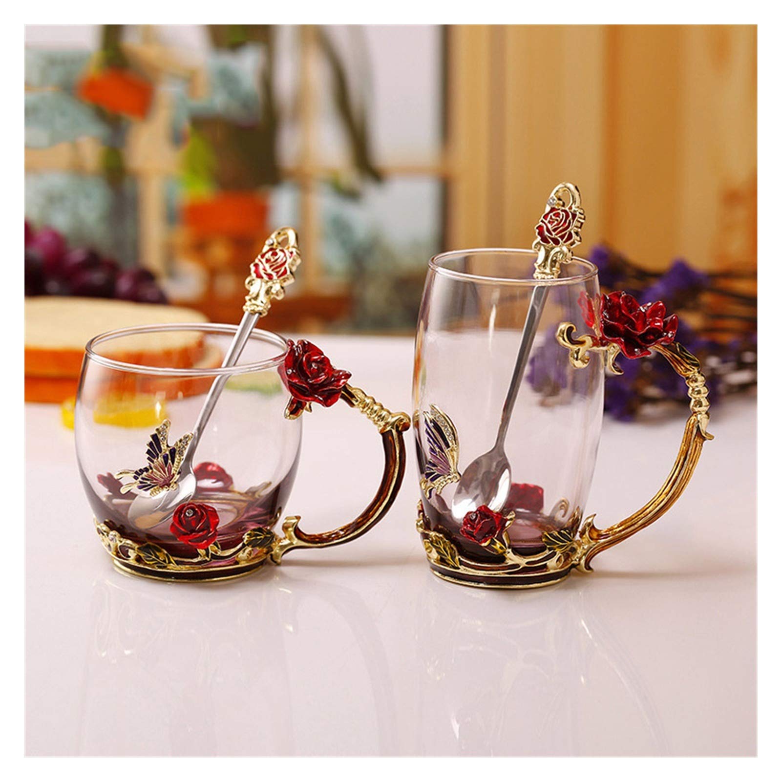 3D Rose Butterfly Enamel Coffee Mug - Elegant Glass Tea Cup for Wedding Gifts, Bridal Shower & Anniversary (Red with Spoon) - Perfect for Coffee, Tea, Hot Chocolate & Home Decor