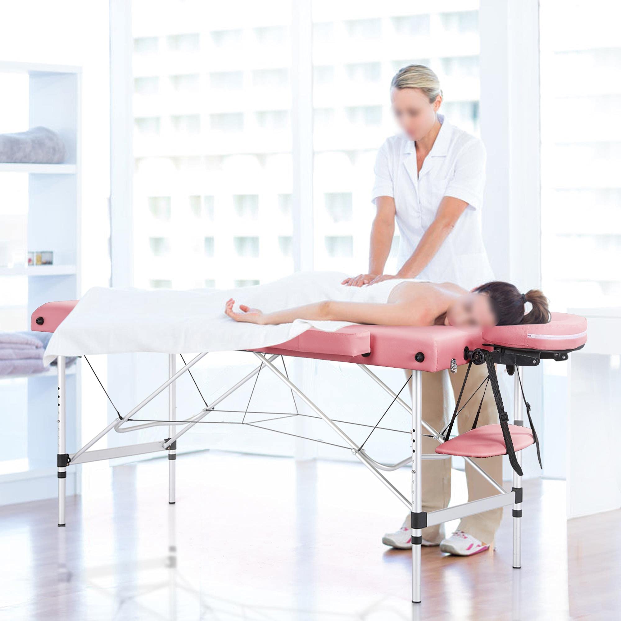 Topeakmart Portable Folding Massage Table - Adjustable Height 84 Inch Aluminum Spa Bed for Therapy, Salon & Home Use - Lightweight & Durable 2-Fold Design in Pink | Perfect for Professional Massage, Physical Therapy & Relaxation at Home