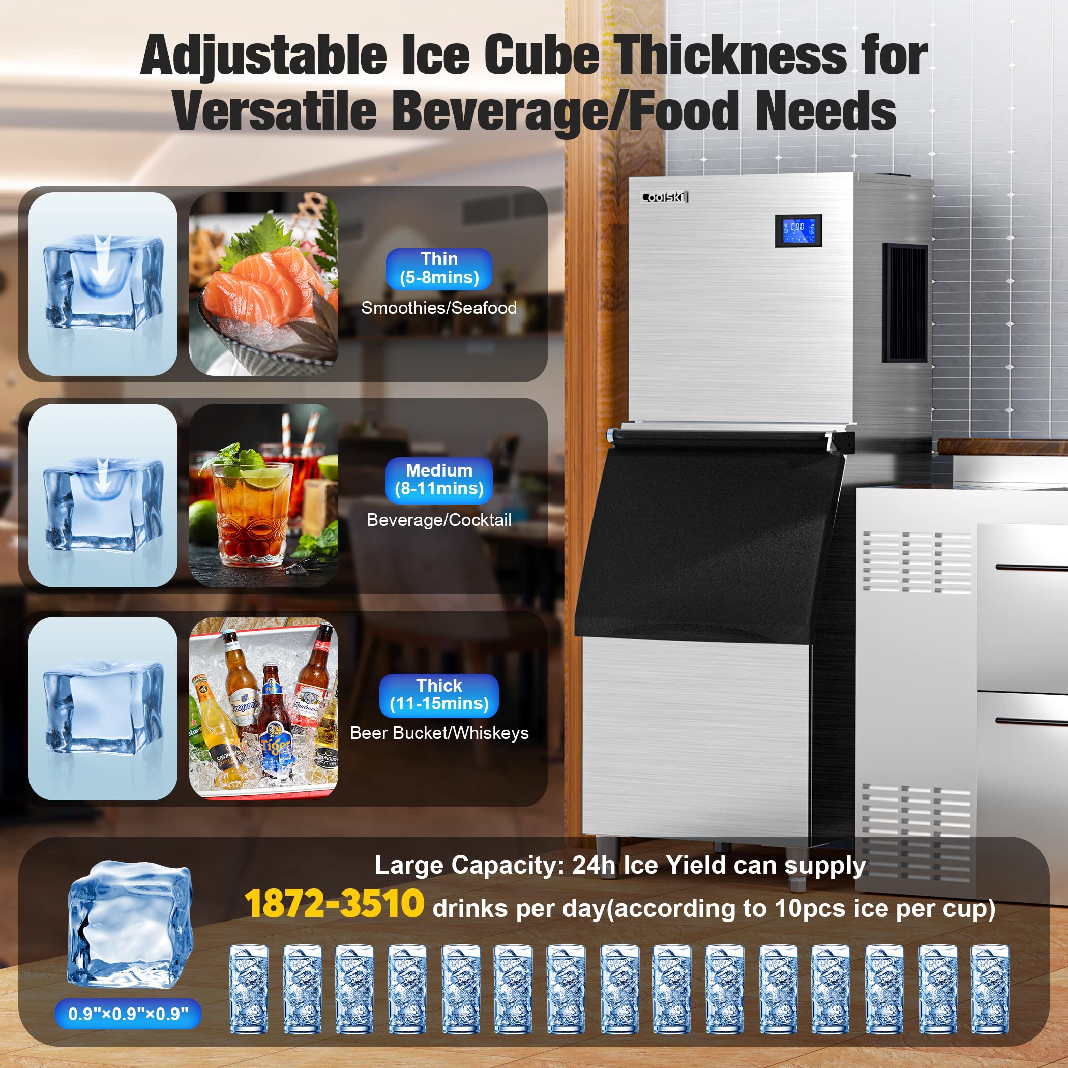 Commercial Ice Maker Machine 450LBS/24H - 22'' Wide Stainless Steel Ice Machine with 300LBS Storage Bin | Air Cooled Clear Ice Cube Maker for Restaurants, Bars, Cafes & Businesses | Perfect for Cocktails, Beverage Service & Food Preservation