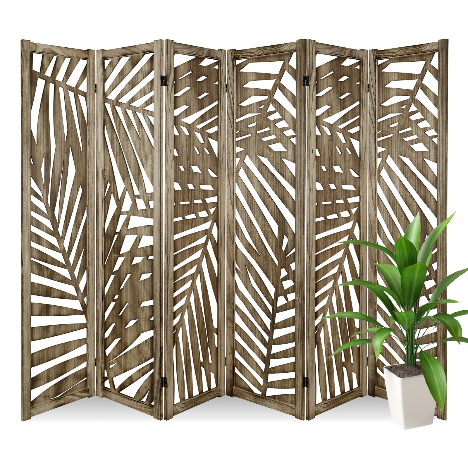 ECOMEX 6-Panel Palm Leaf Room Divider Screen - Freestanding Partition with Retro Leaf Cutout Design in Brown | Perfect for Living Room, Bedroom & Office Privacy