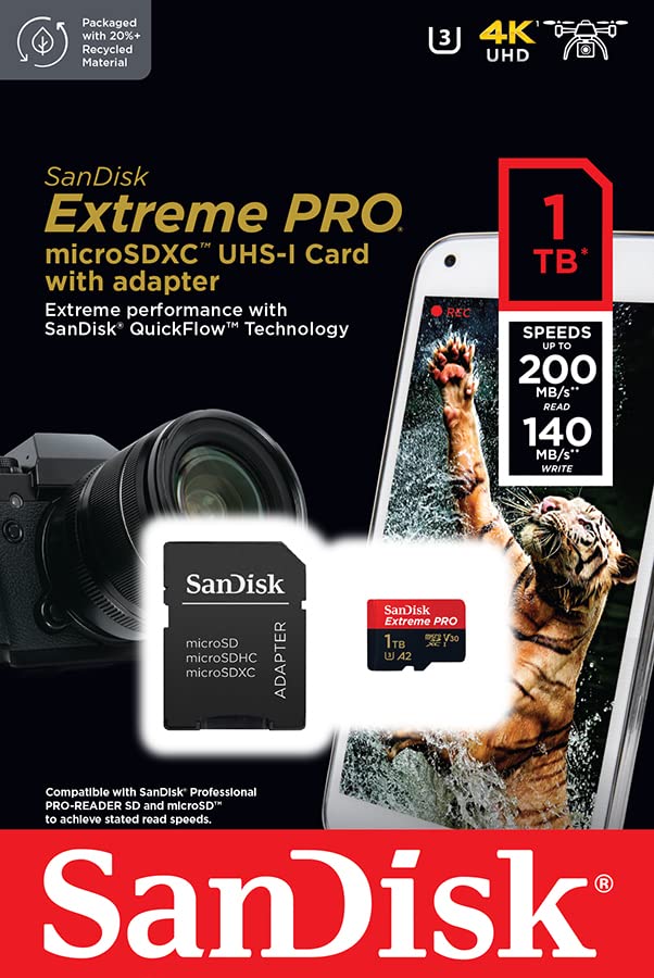SanDisk Extreme PRO 1TB microSDXC UHS-I Memory Card with Adapter & RescuePRO Deluxe - A2, Class 10, V30, U3, 200MB/s - Perfect for Smartphones, Action Cameras, Drones, and 4K Video Recording