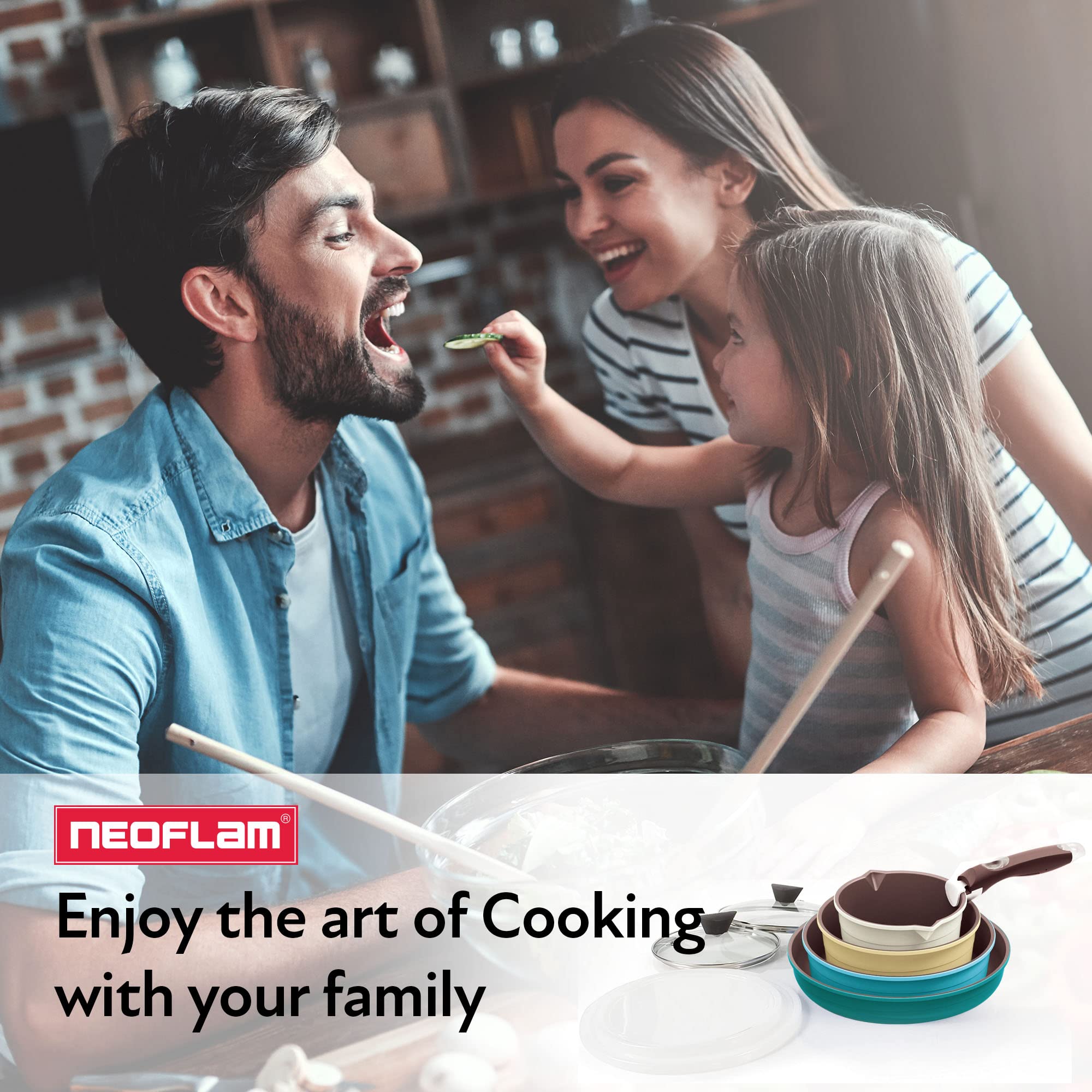 Neoflam Midas 9-Piece Nonstick Ceramic Cookware Set - PFOA Free Kitchenware with Saucepan, Frying Pan, Stove & Oven Pot, Tempered Glass Lids & Detachable Handle - Oven Safe & Space Saving - Misty Forest Design - Perfect for Small Kitchens & Everyday Cooking