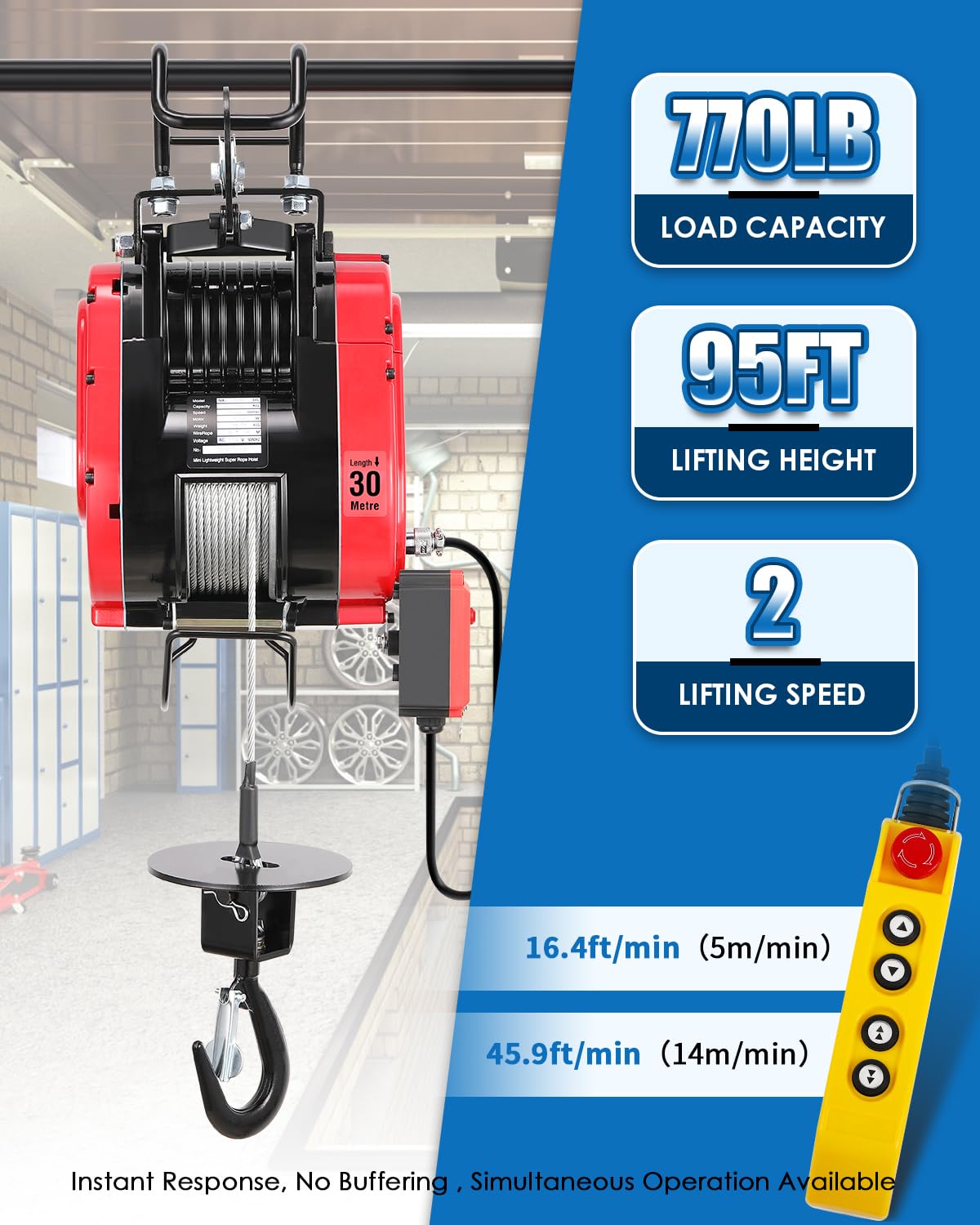 NEWTRY 770lb Electric Hoist Winch Lift with Brushless Motor | 2-Speed Adjustable | Wireless & Wired Remote Control | Heavy Duty Garage & Workshop Hoist for Lifting, Construction, and Automotive Repair