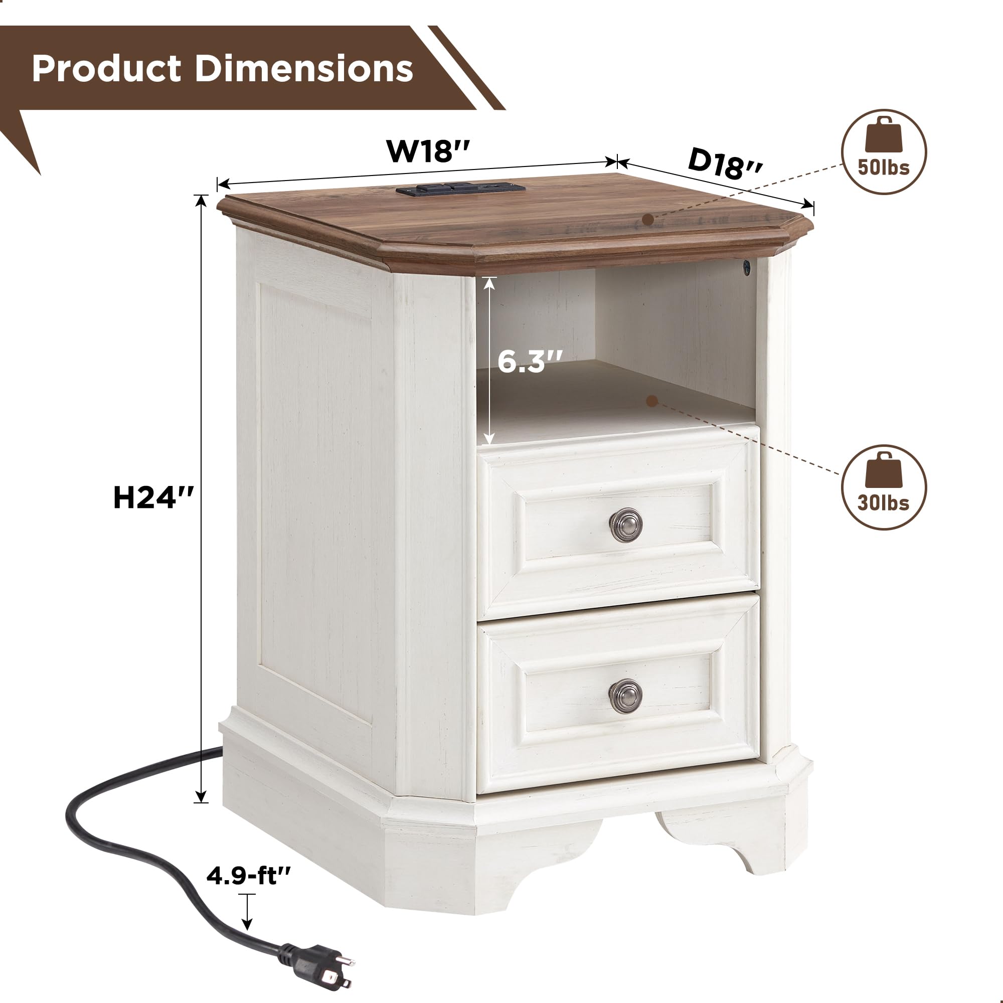 Farmhouse Nightstand with USB Charging Station - 18