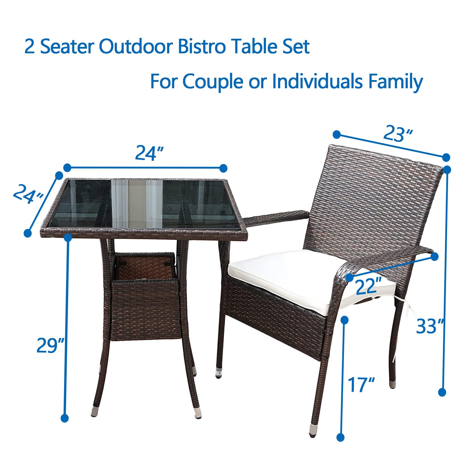 2-Person Outdoor Bistro Table Set - Weather-Resistant Wicker Patio Dining Table & Chairs for Balcony, Deck, Garden, Lawn & Small Spaces - Perfect for Couples, Coffee Dates & Al Fresco Dining