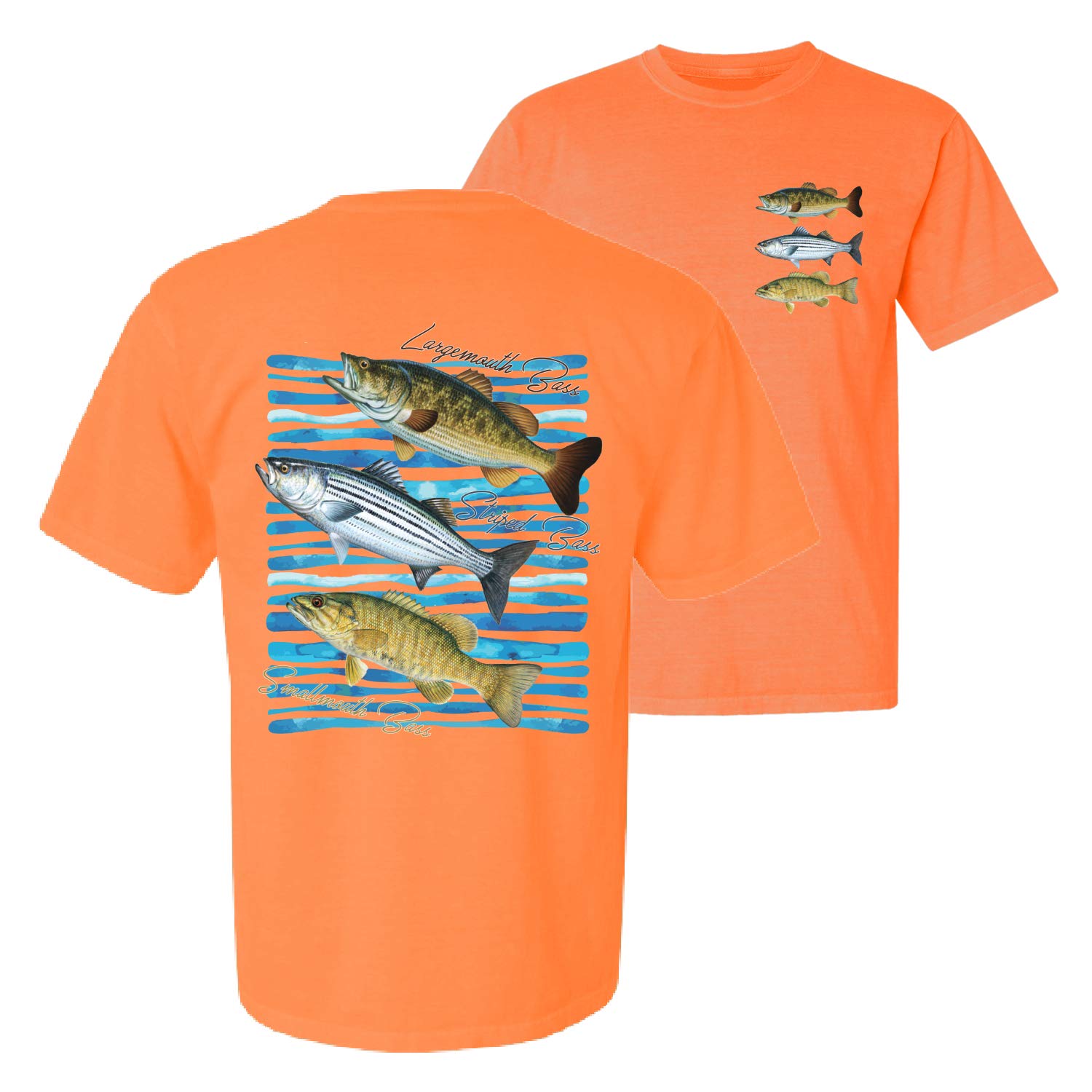 Men's Bass Fishing T-Shirt - Largemouth Striped Smallmouth Big Fish Design - Front & Back Garment-Dyed Short Sleeve Shirt - Perfect for Fishing Trips & Outdoor Adventures