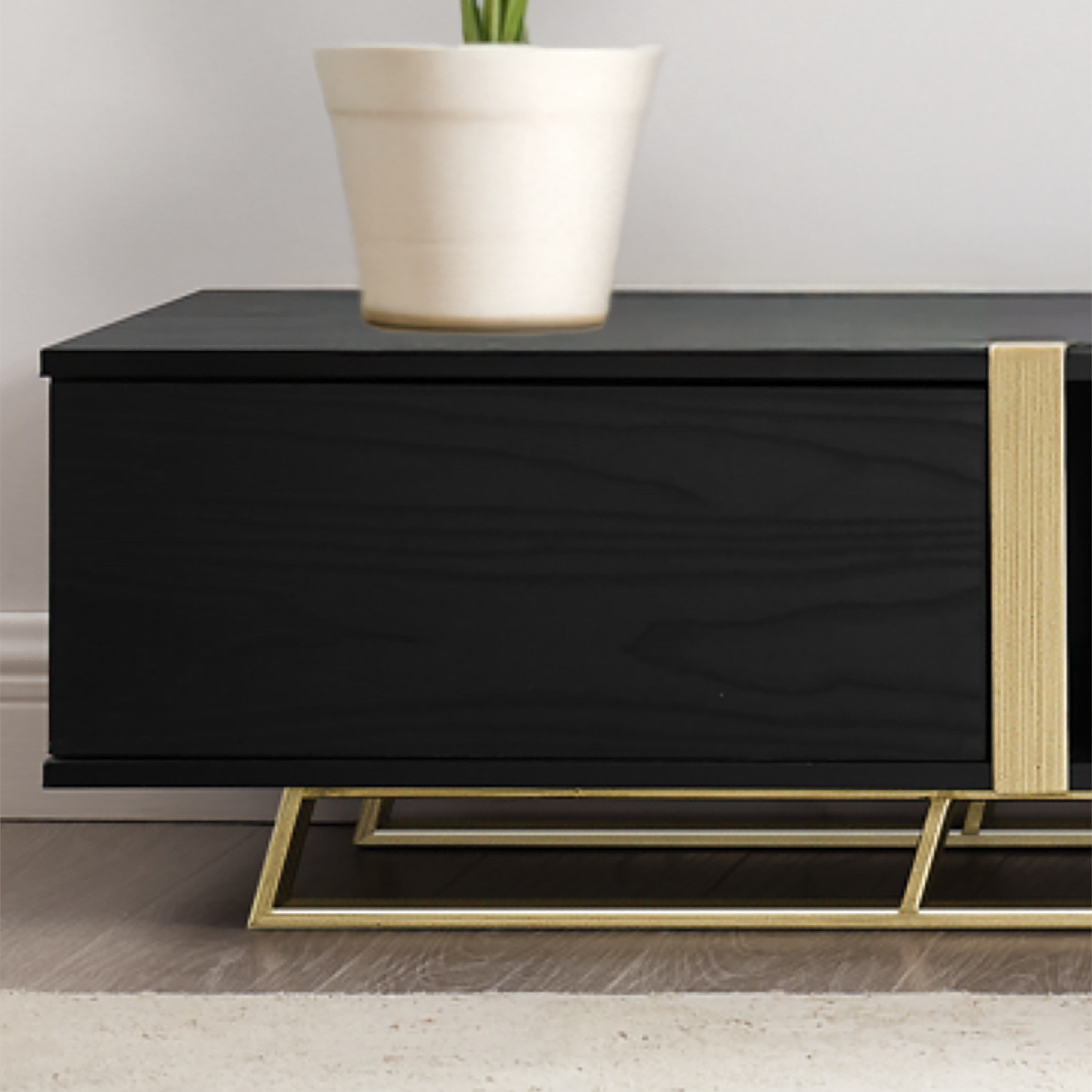 Modern Capri TV Stand 2000mm - Black Oak & Gold Entertainment Center for Living Room - Slim Low Profile Media Cabinet for TV, Gaming & Home Theater Setup