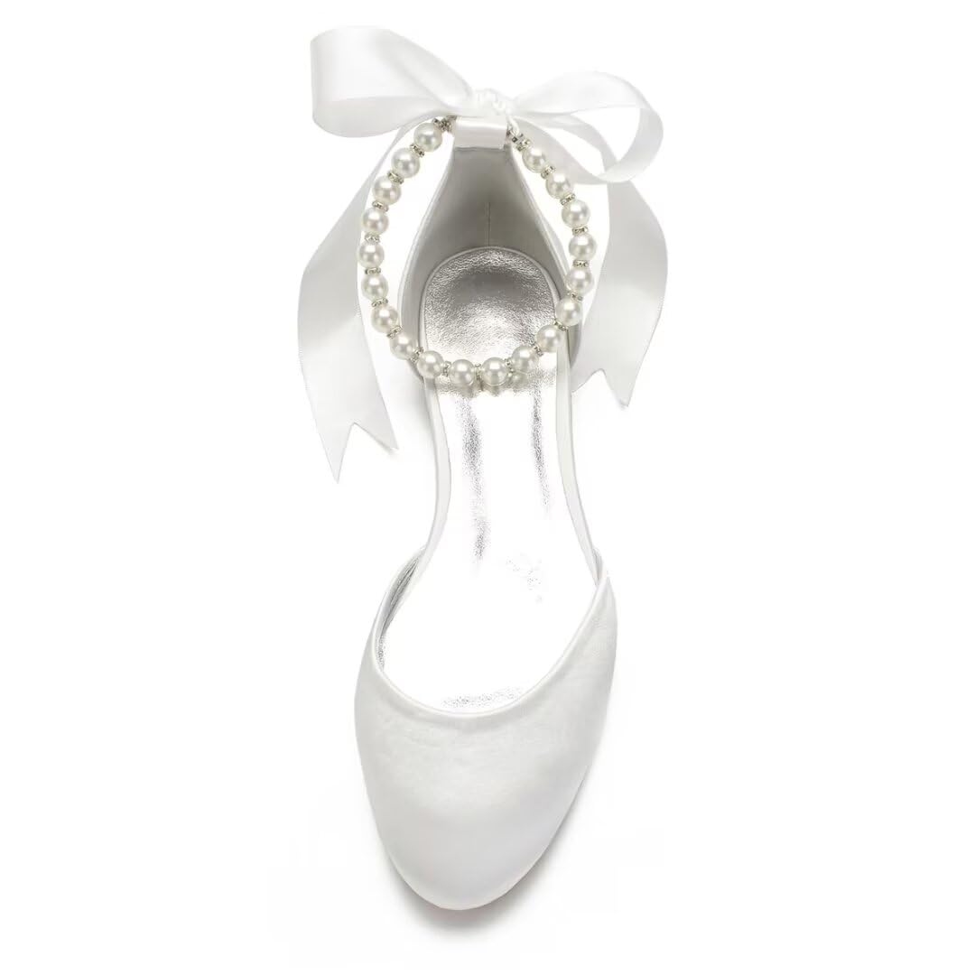 Elegant Satin Pearl Wedding Flats for Bride – Round Toe Women's Dress Shoes for Special Occasions – Perfect for Bridal Showers, Receptions & Formal Events