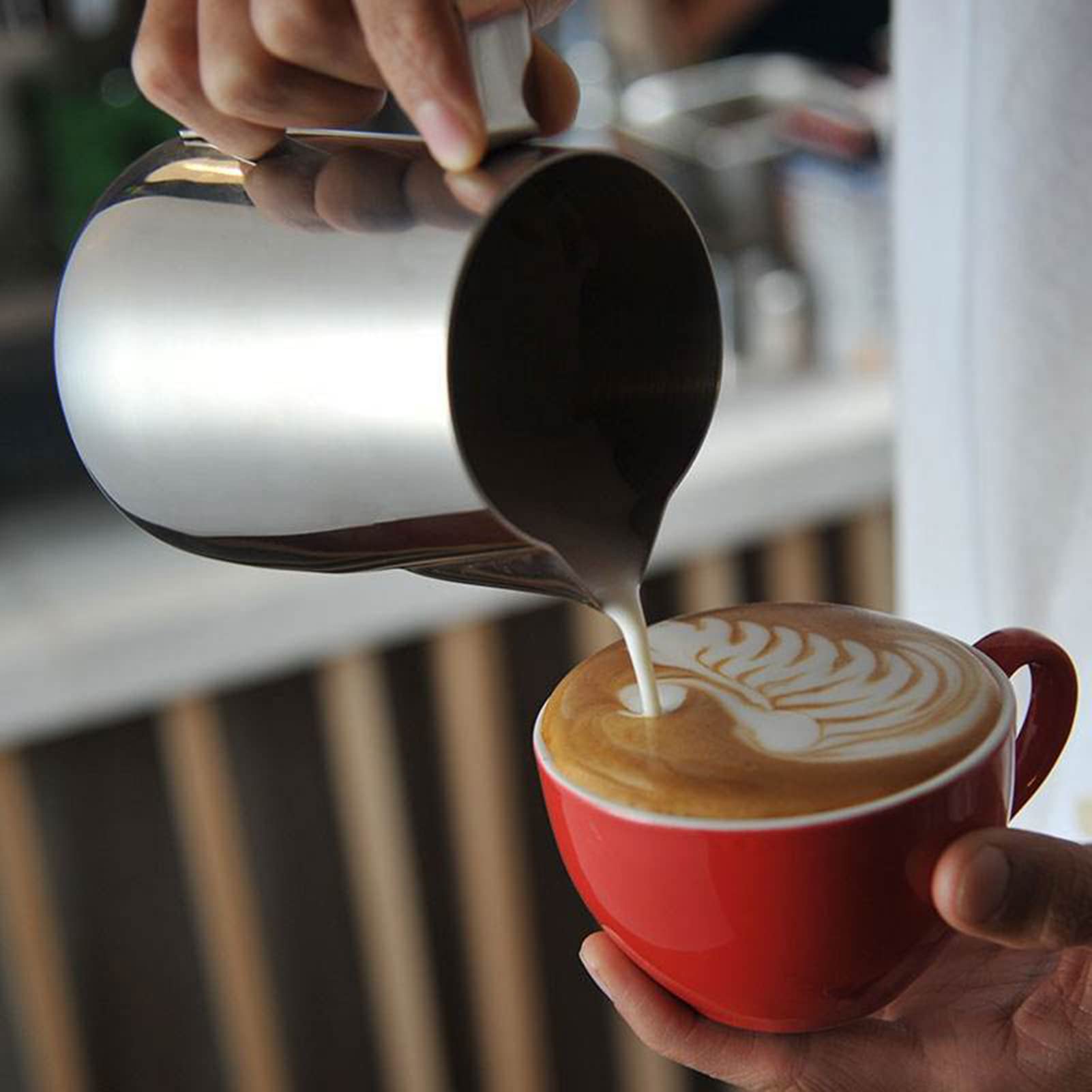 Stainless Steel Milk Frothing Pitcher 350ml with Built-in Thermometer - Latte Art Espresso Steamer Jug for Perfect Foam & Temperature Control - Ideal for Home Baristas & Coffee Shops