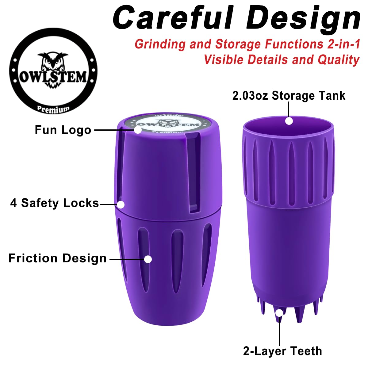 2-in-1 Herb Grinder with Storage Jar - Premium Purple Spice Crusher for Kitchen, Camping & Travel - Perfect for Grinding Herbs, Spices & Tobacco