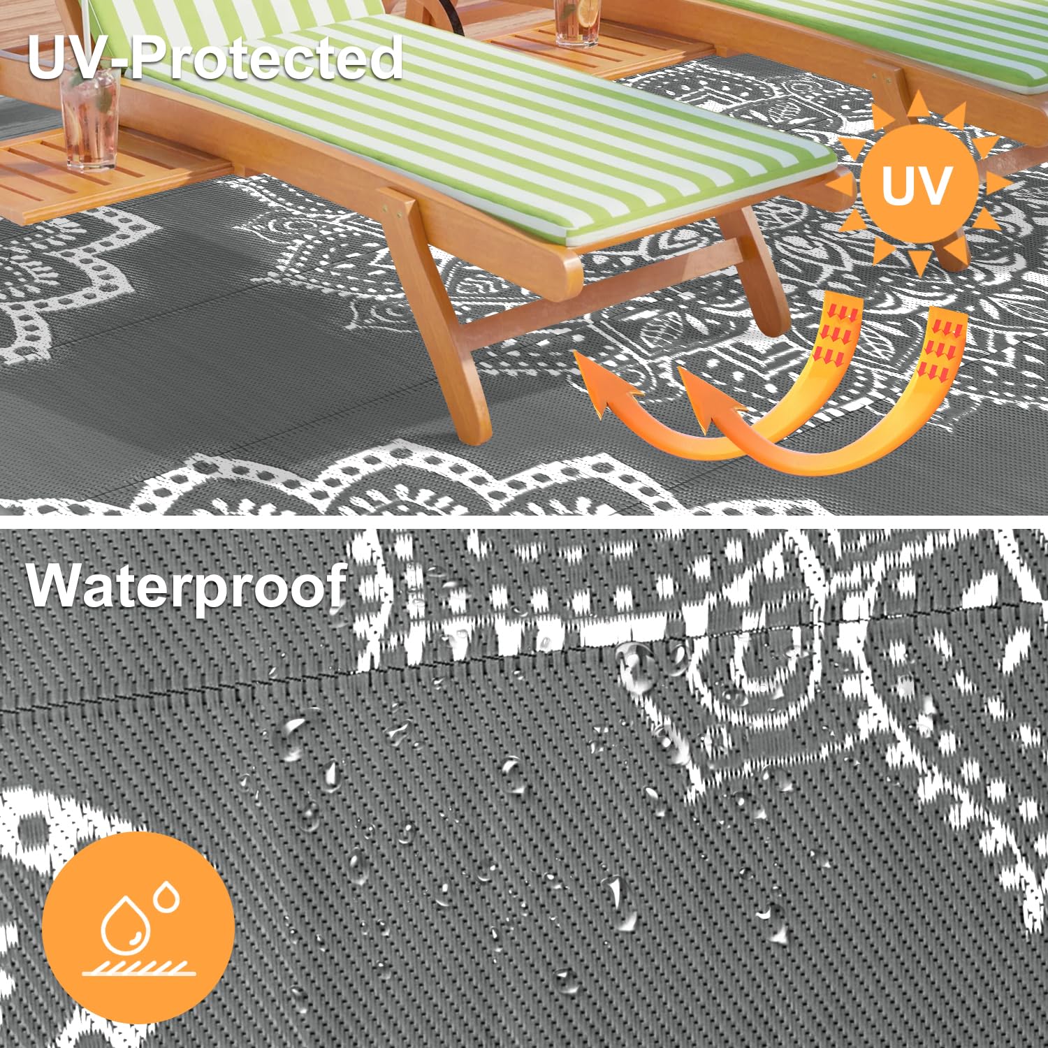 Yamaziot 6x9 ft Waterproof Outdoor Rug - Reversible Plastic Straw Mat for Patio, Camping, RV, Porch, Deck, Backyard, Balcony & Picnic - Durable Grey Exterior Carpet for All-Weather Use