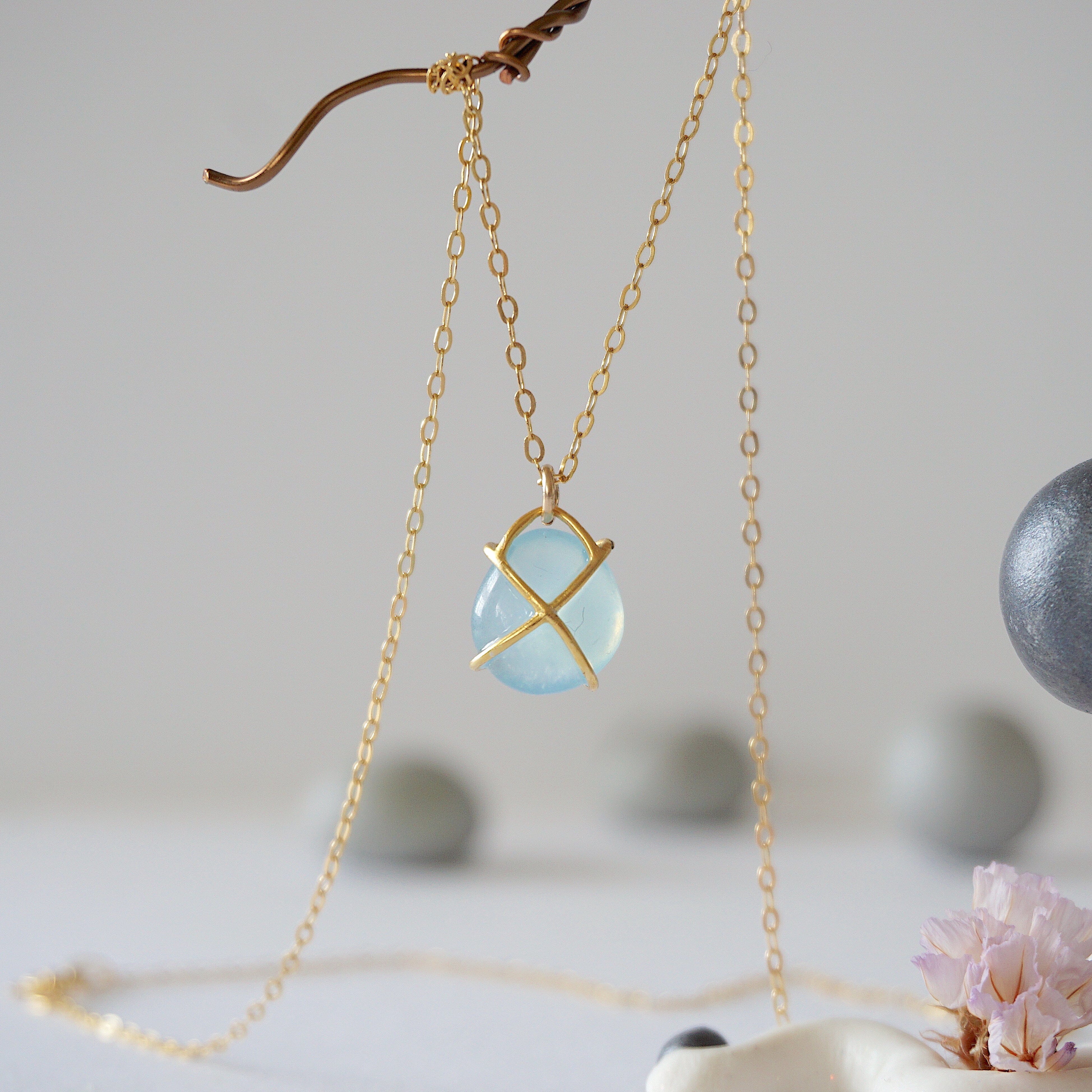14K Gold Filled Aquamarine Huggie Charm Necklace for Women - Dainty Layering Jewelry for Everyday Wear, Gift for Her, Birthday & Anniversary Present