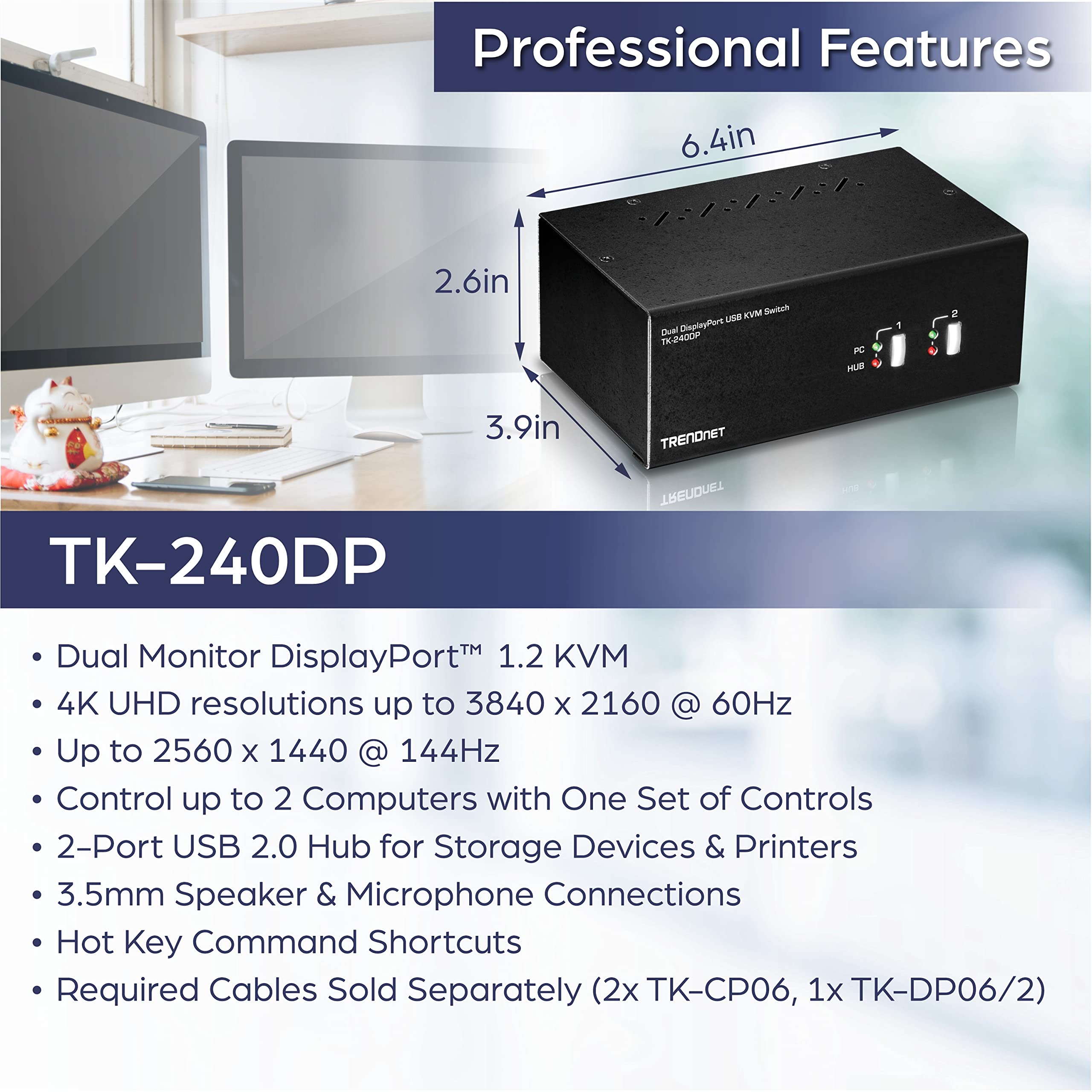 TRENDnet 2-Port Dual Monitor DisplayPort KVM Switch with Audio & USB 2.0 Hub - 4K UHD 3840x2160 Resolution for Dual DisplayPort Monitors - Ideal for Home Office, Gaming & Multi-Tasking Workstations